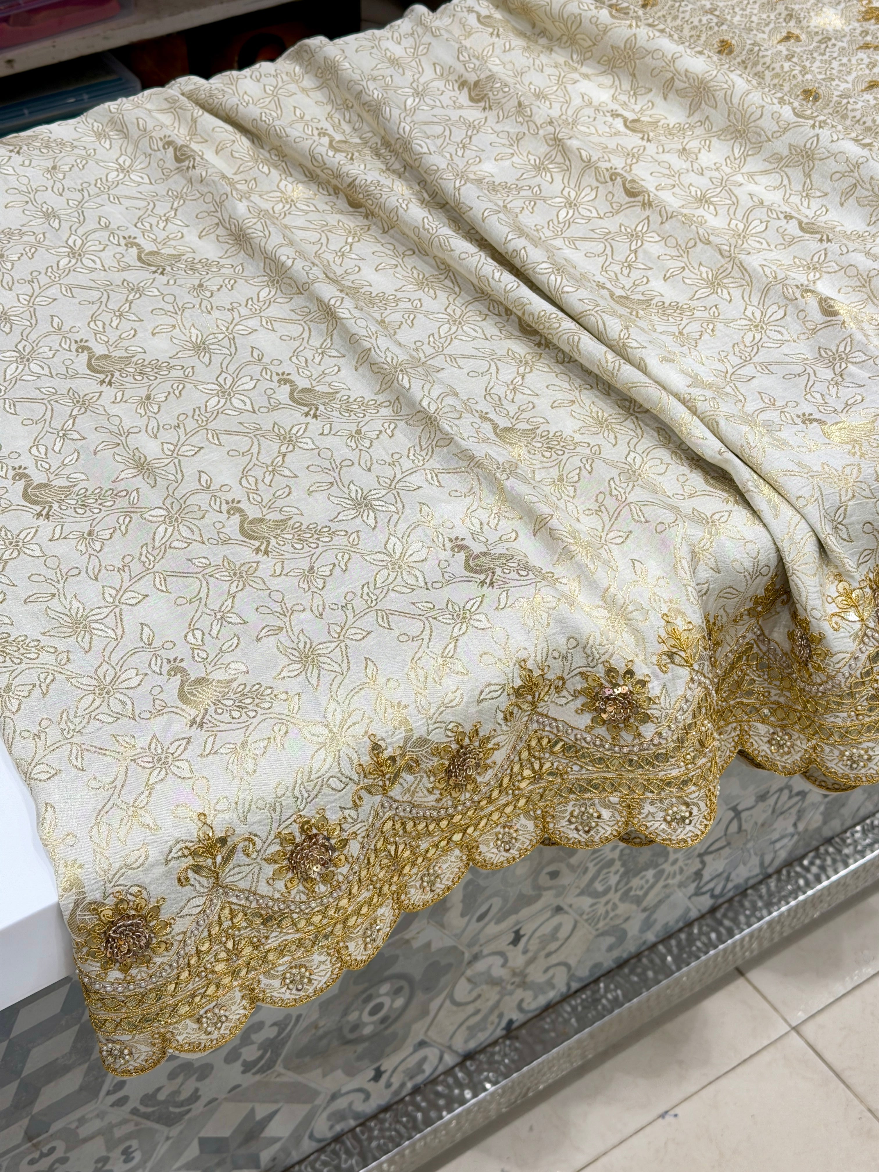 Moti White Banarasi Crepe Hand Gotapatti Marodi Saree