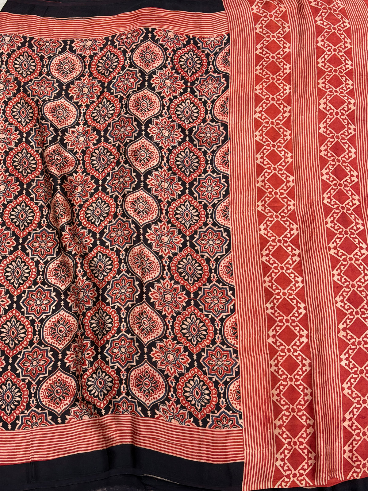 Red Badam Butta Jaal Ajrakh Hand Block Print Pure Gajji Silk Saree