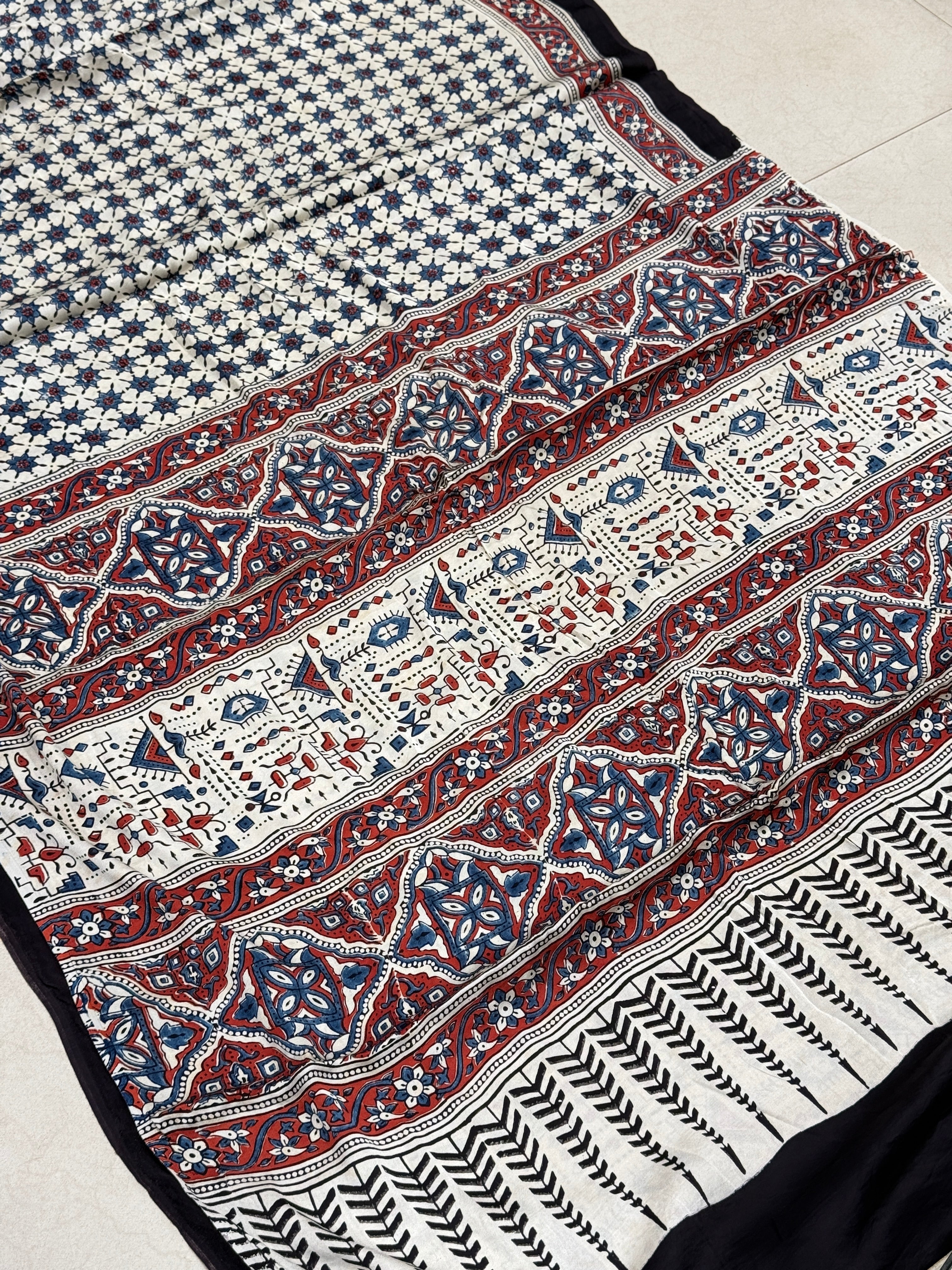 White Blue Star Modal Silk Ajrakh Saree