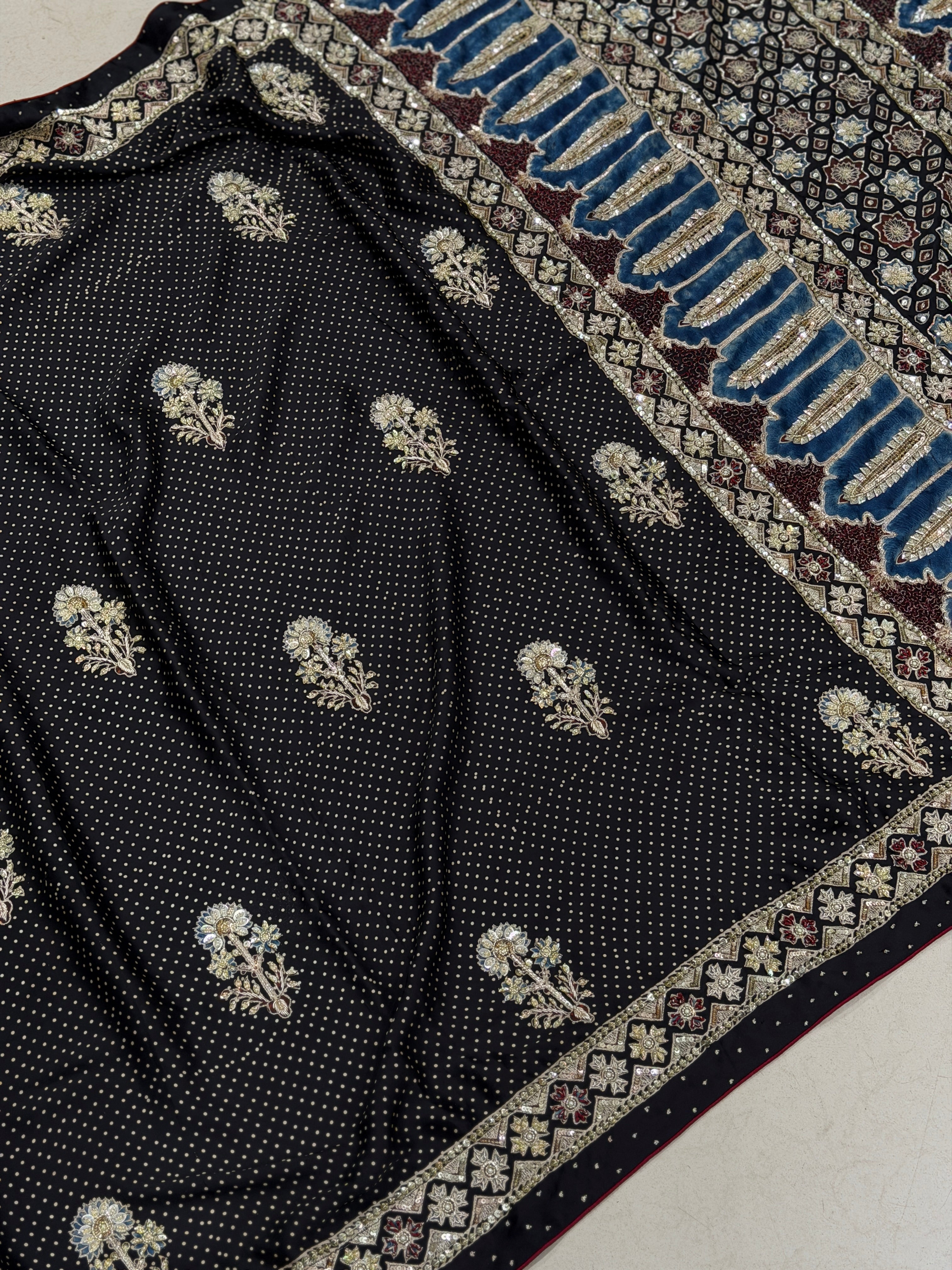 Black Buttas Pita Zardosi Sequin Ajrakh Hand Embroidery Saree