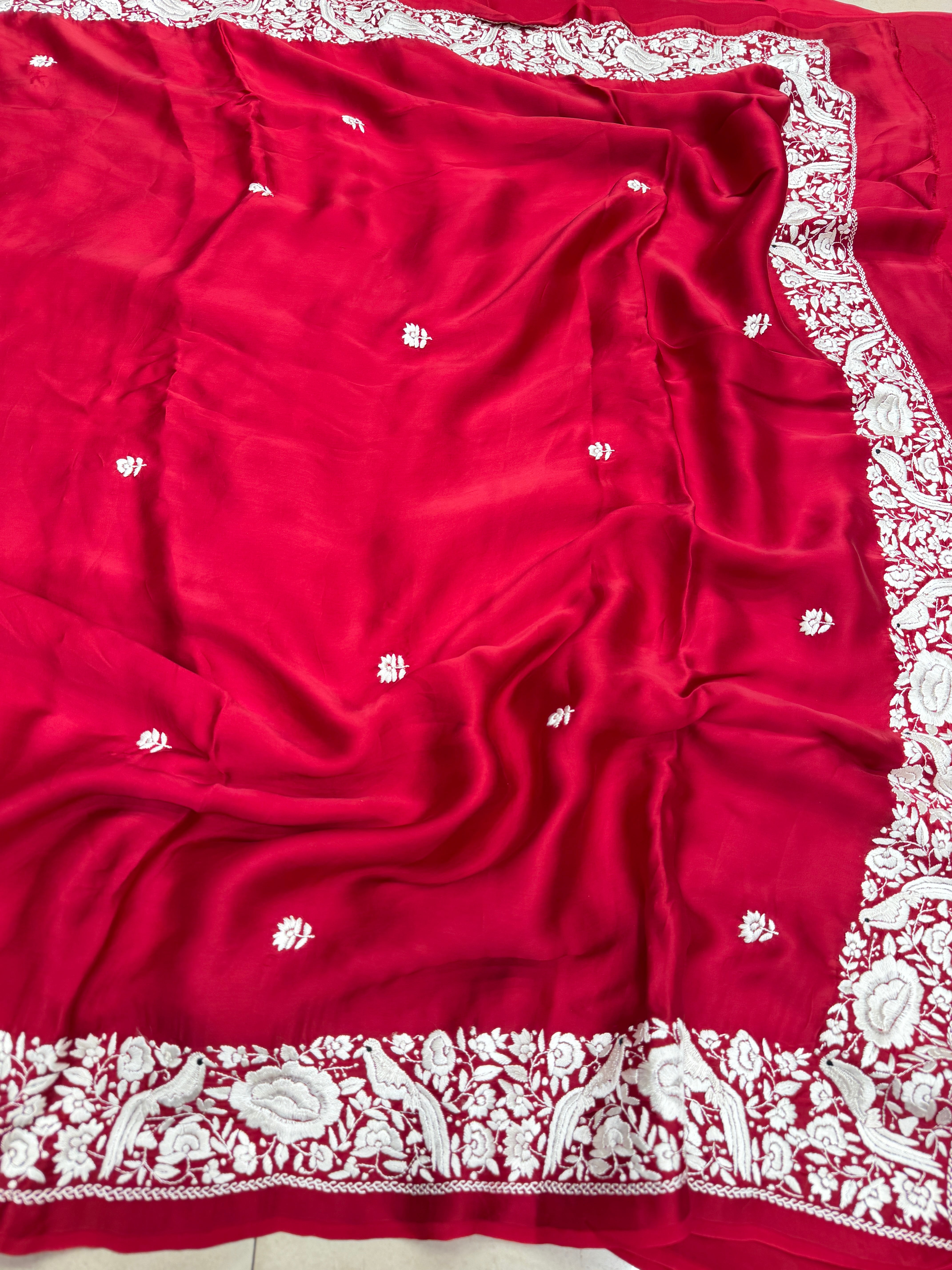 Red Parsi Gara Hand Embroidery Border Saree