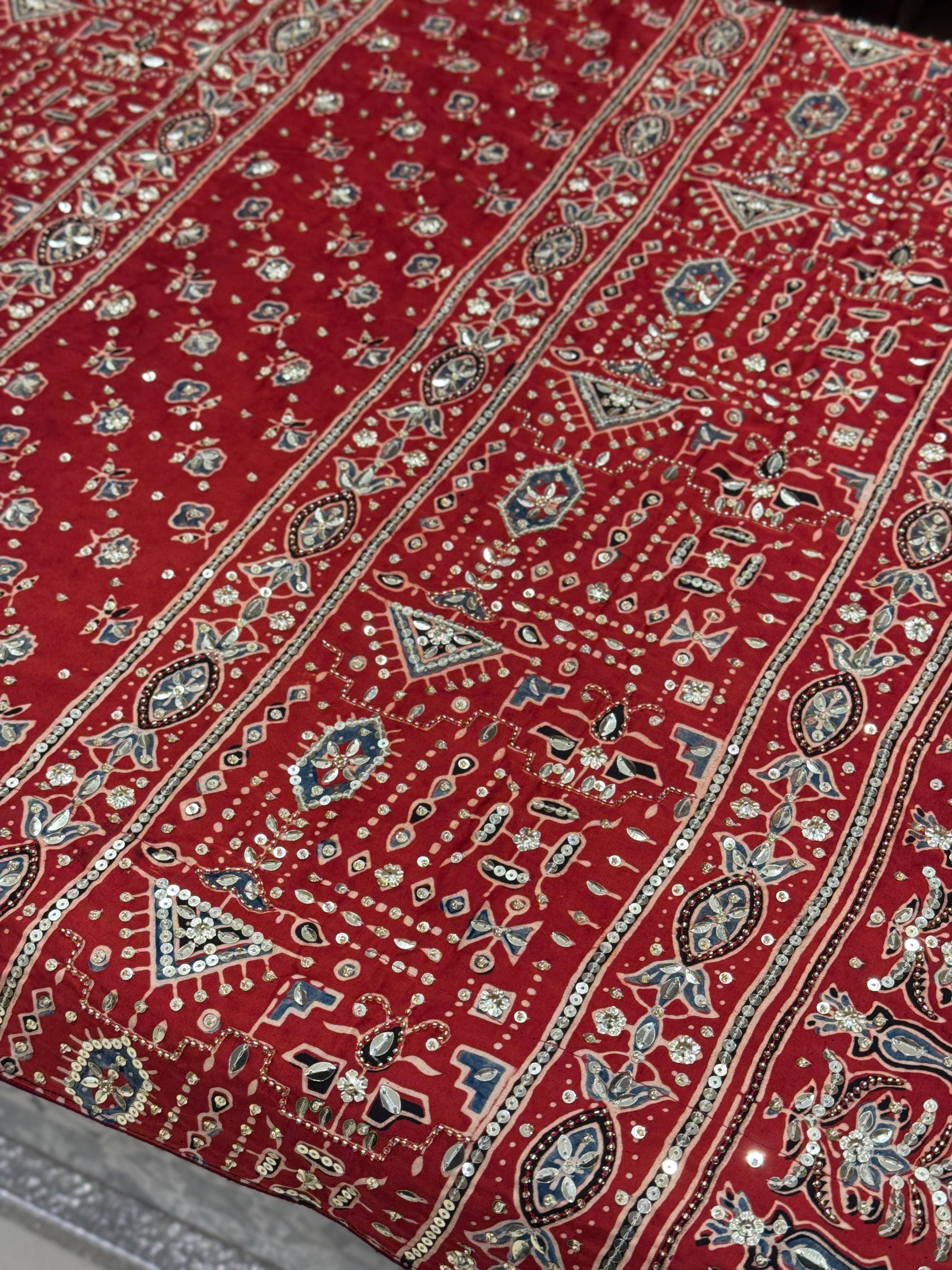 Red Ajrakh Badam Buttas Sequin Moti Hand Embroidery Saree