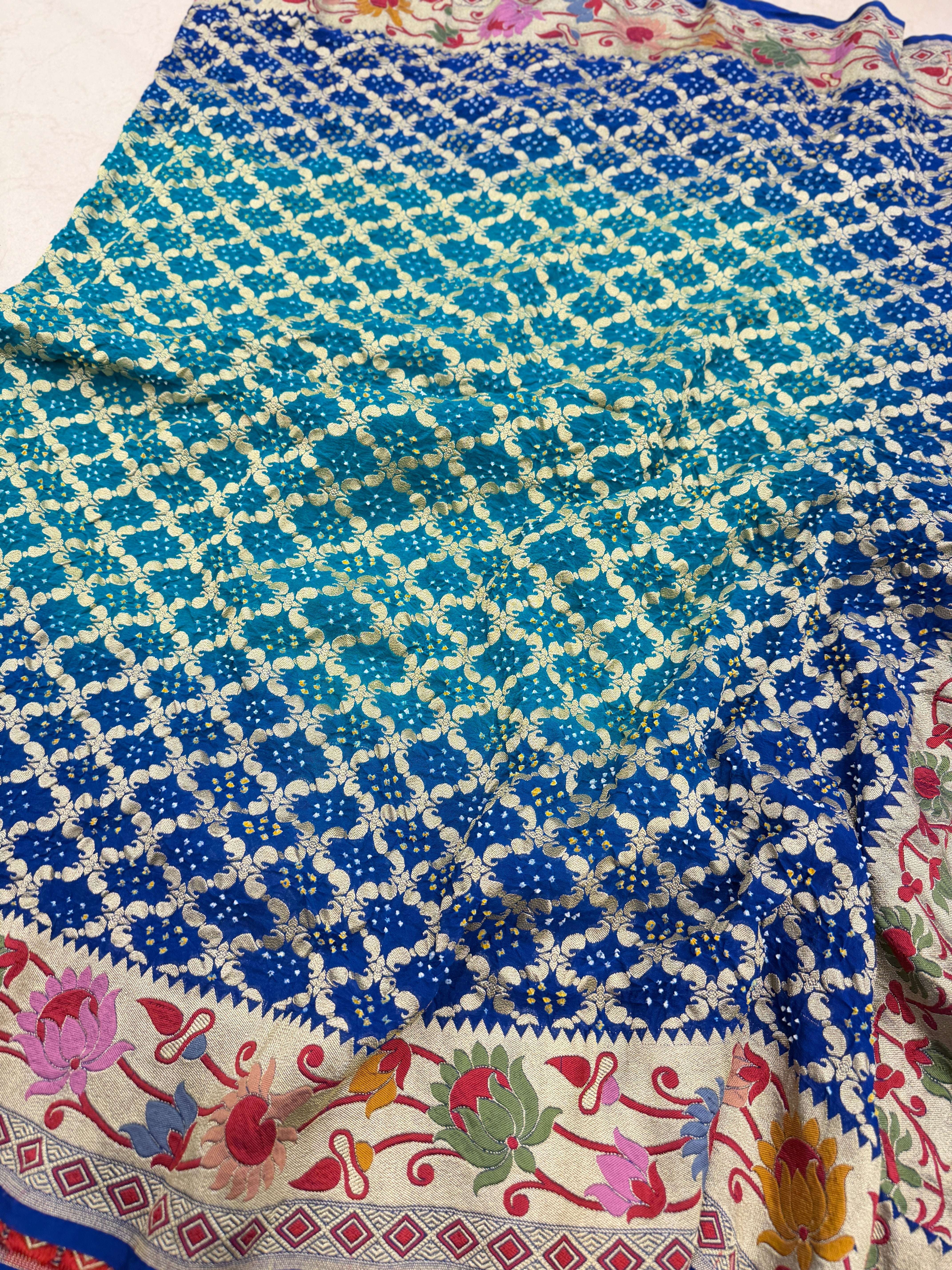 Shaded Blue Meenakari Paithani Style Pure Handloom Georgette Bandhej Saree