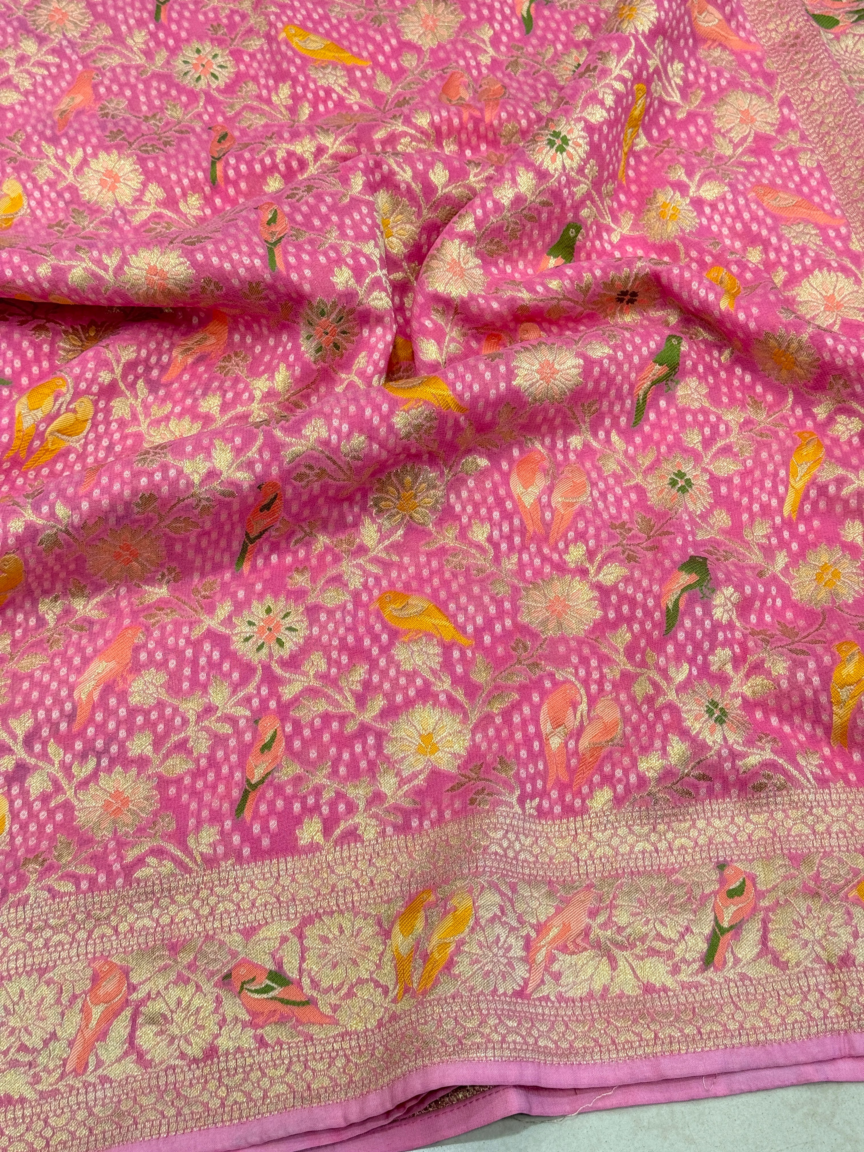 Pink Woven Bandhej Meenakari Parrot Motif Saree