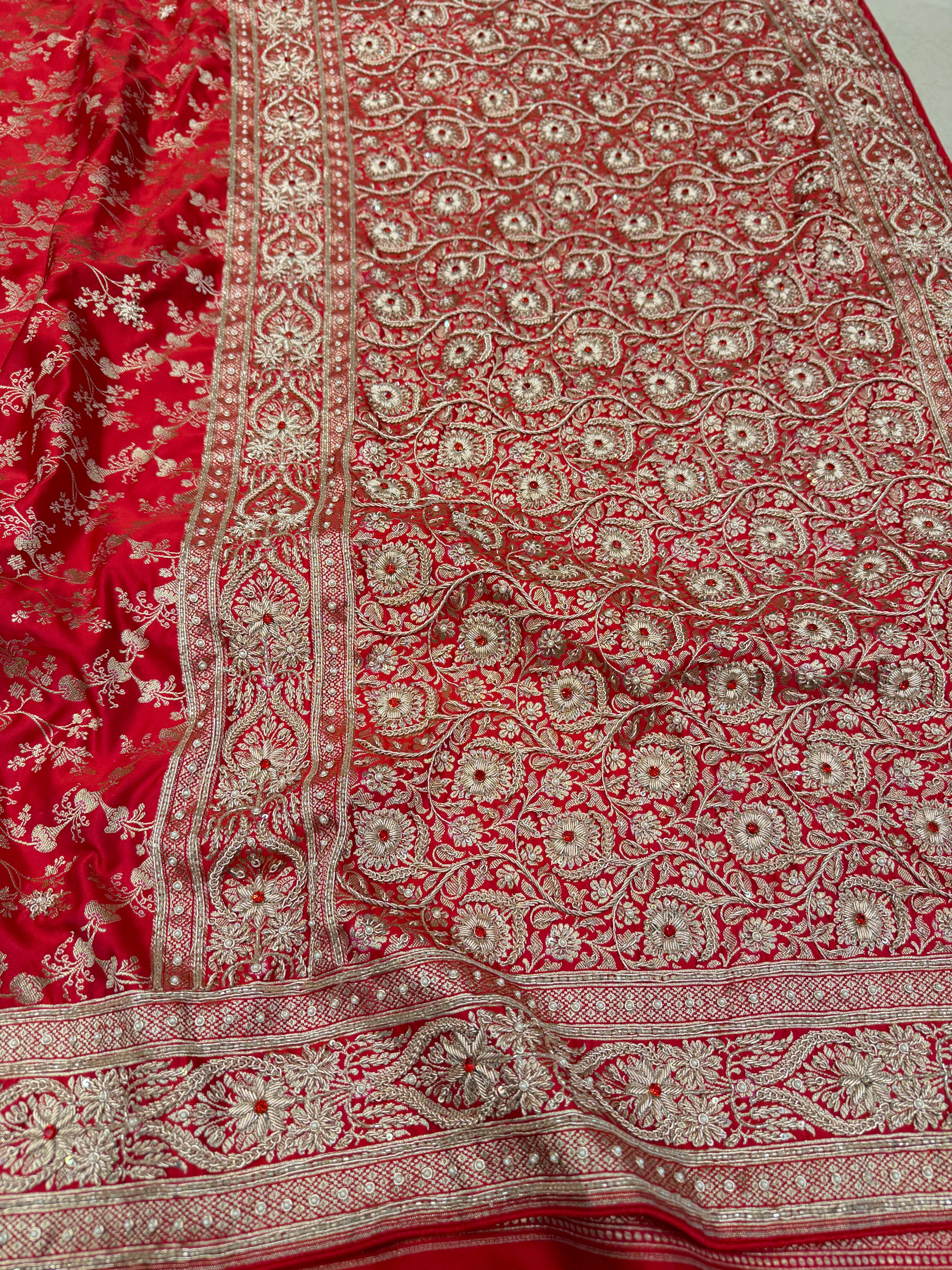 Red Banarasi Periwinkle Jaal Zardosi Crystal Hand Embroidery Saree