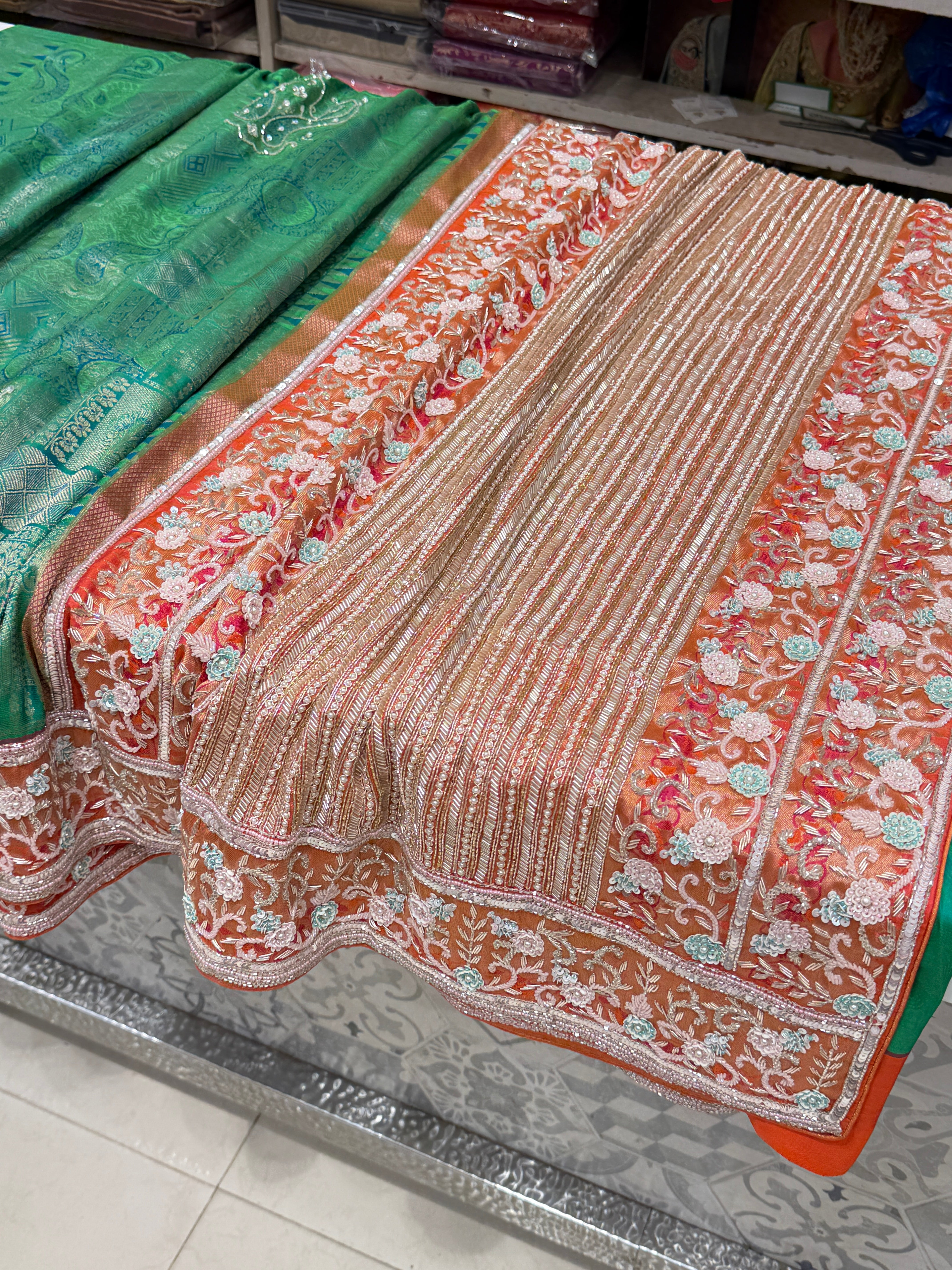 Green Orange Handloom Kanjivaram Hand Embroidery Saree