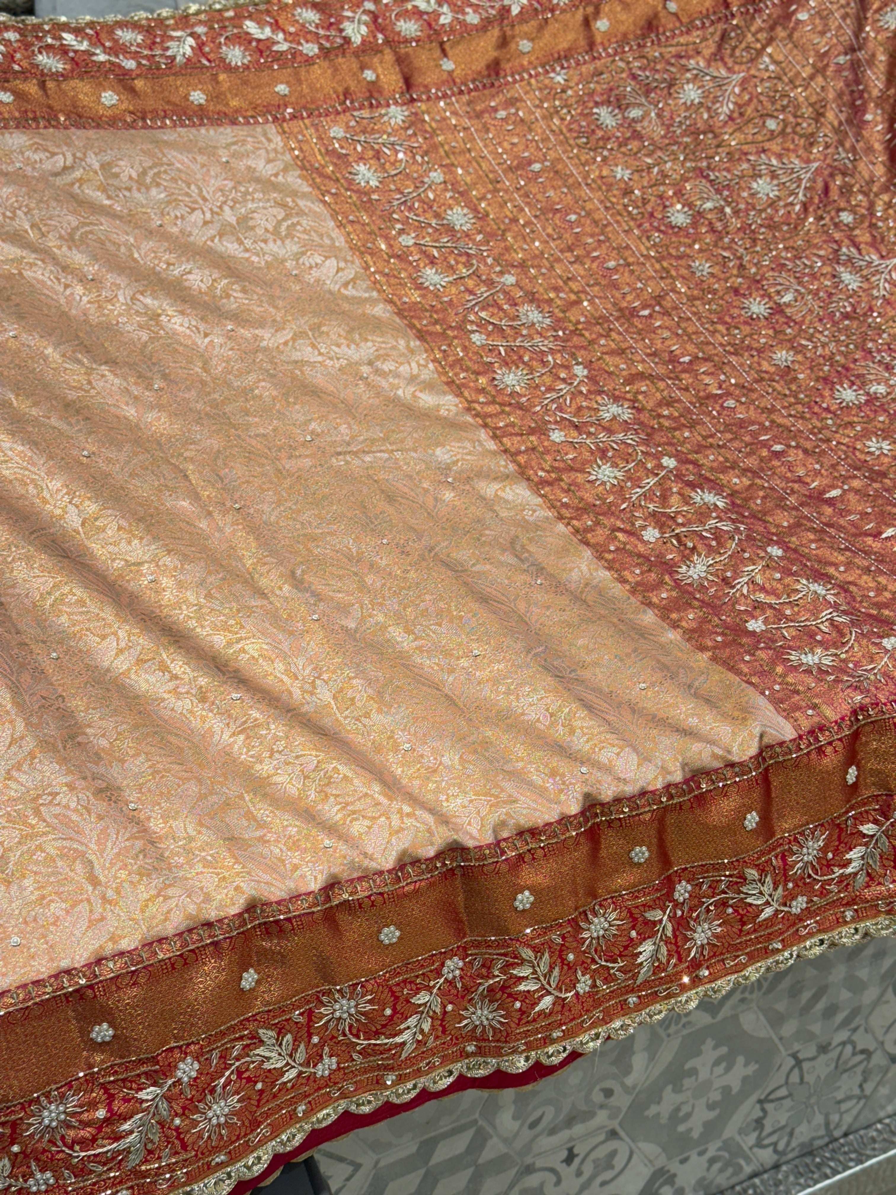 Peach Tissue Kanjivaram Hand Embroidery Saree