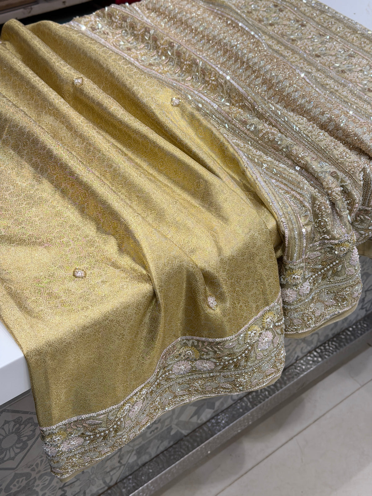Golden Kanjivaram Moti Zardosi Hand Embroidery Saree