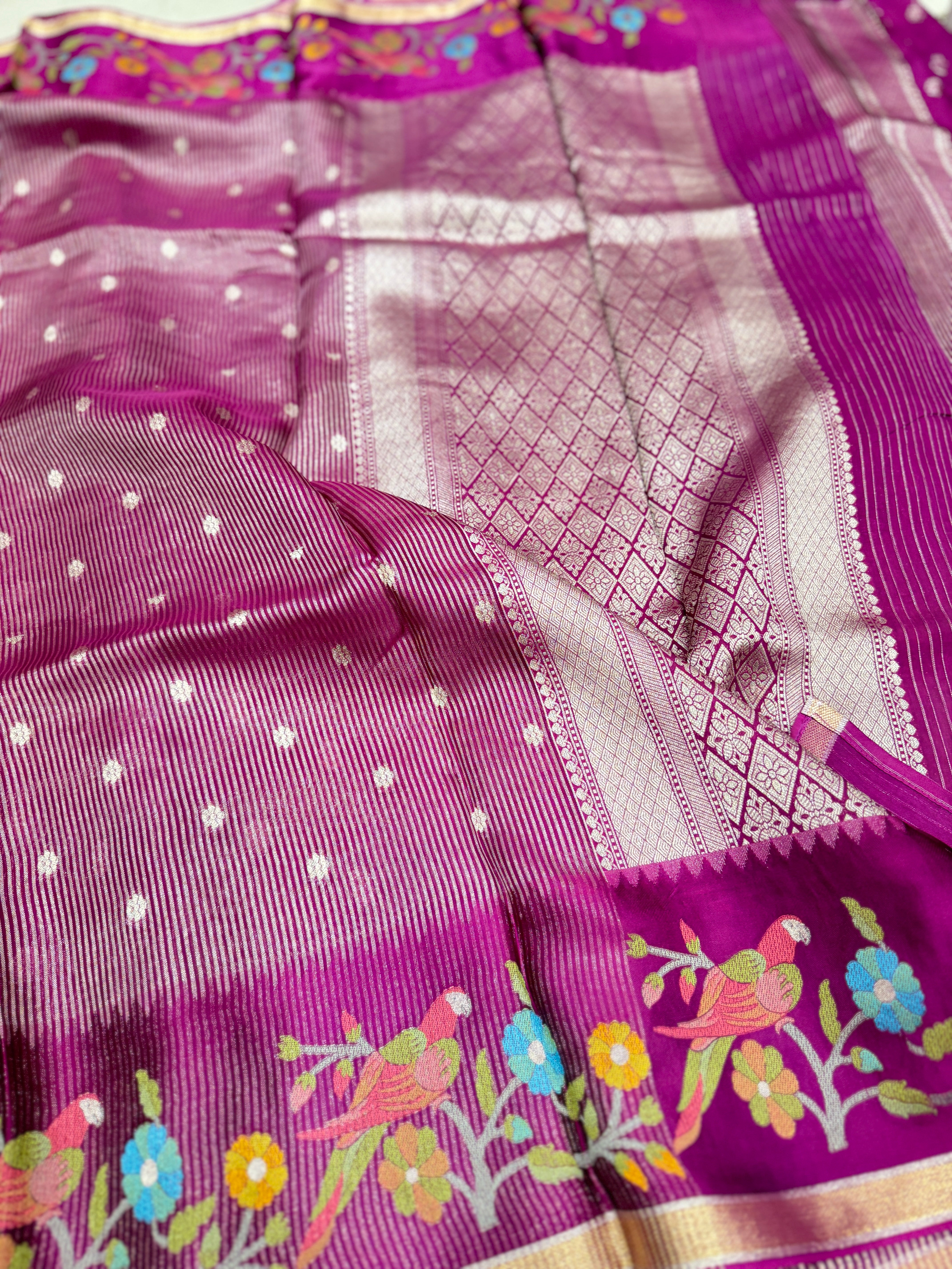 Wine Contemporary Tissue Parsi Petit Point Weaved Saree