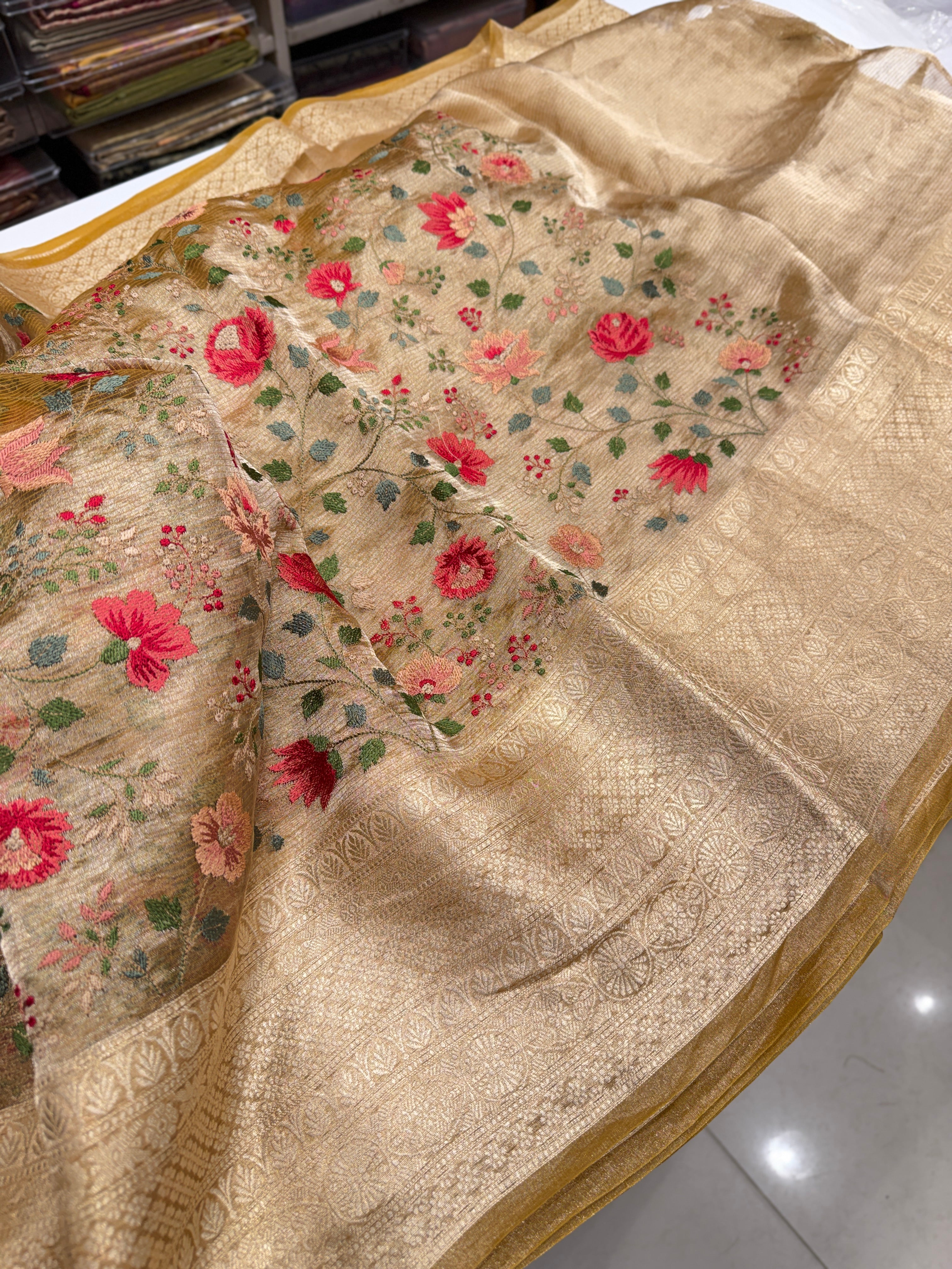 Yellow Zari Tissue Resham Embroidery Saree