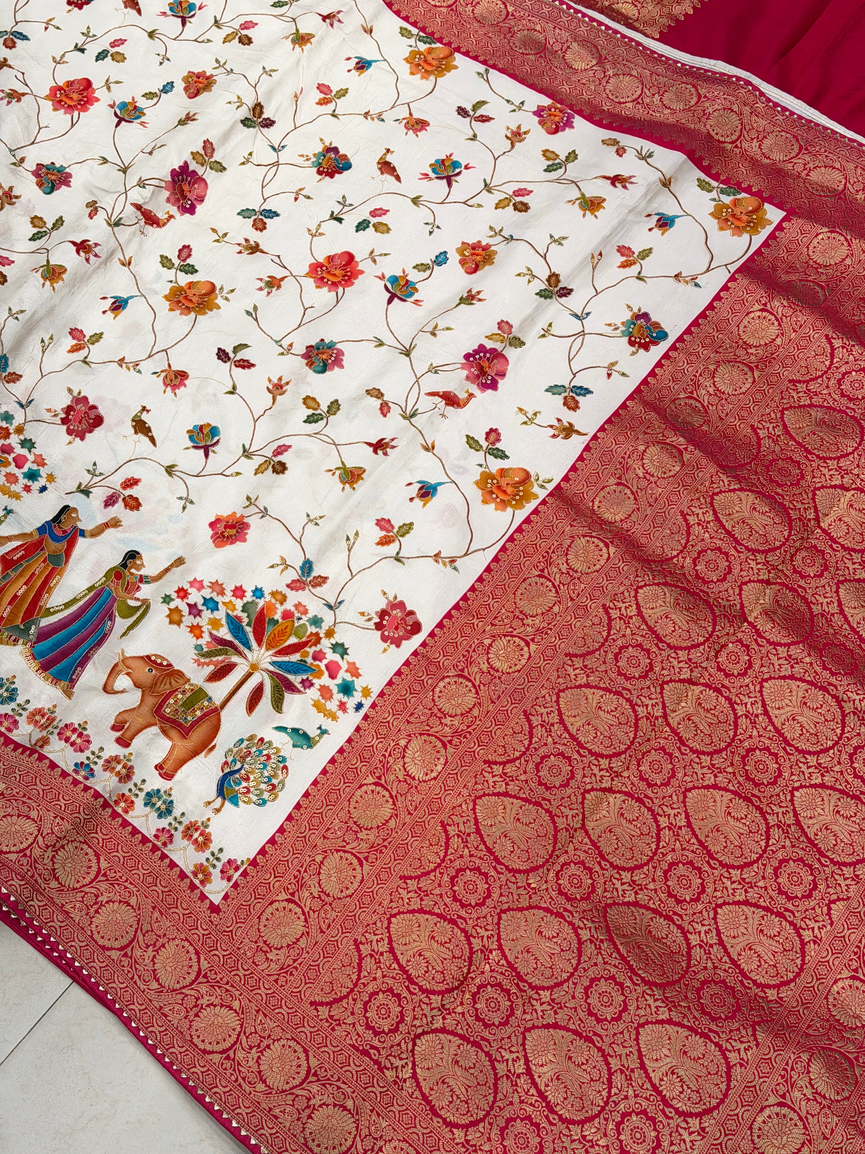 Moti White Baluchari Style Banarasi Munga Pita Embroidery Saree