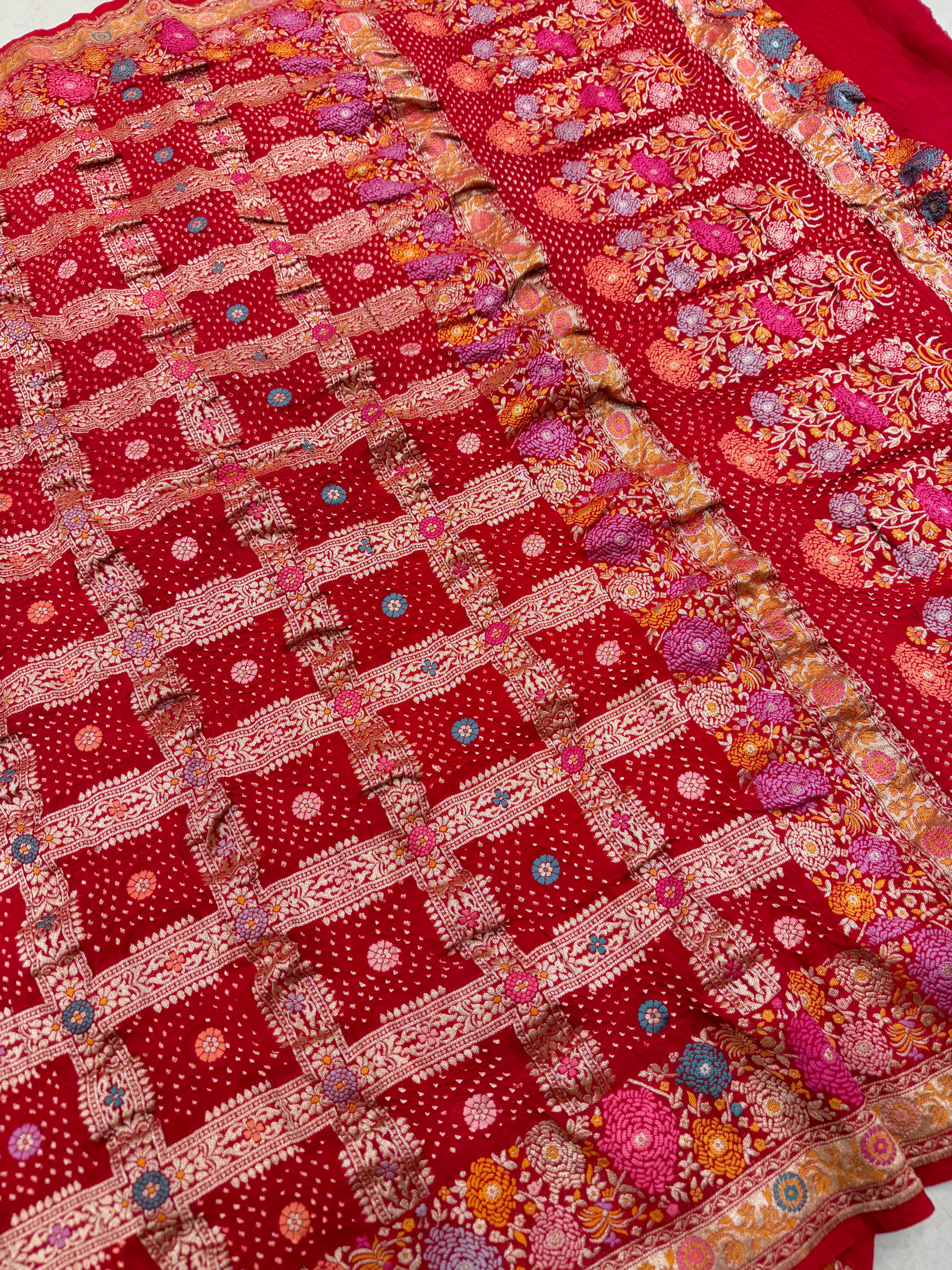 Red Meenakari Checkered Rai Bandhej Bandhini Saree