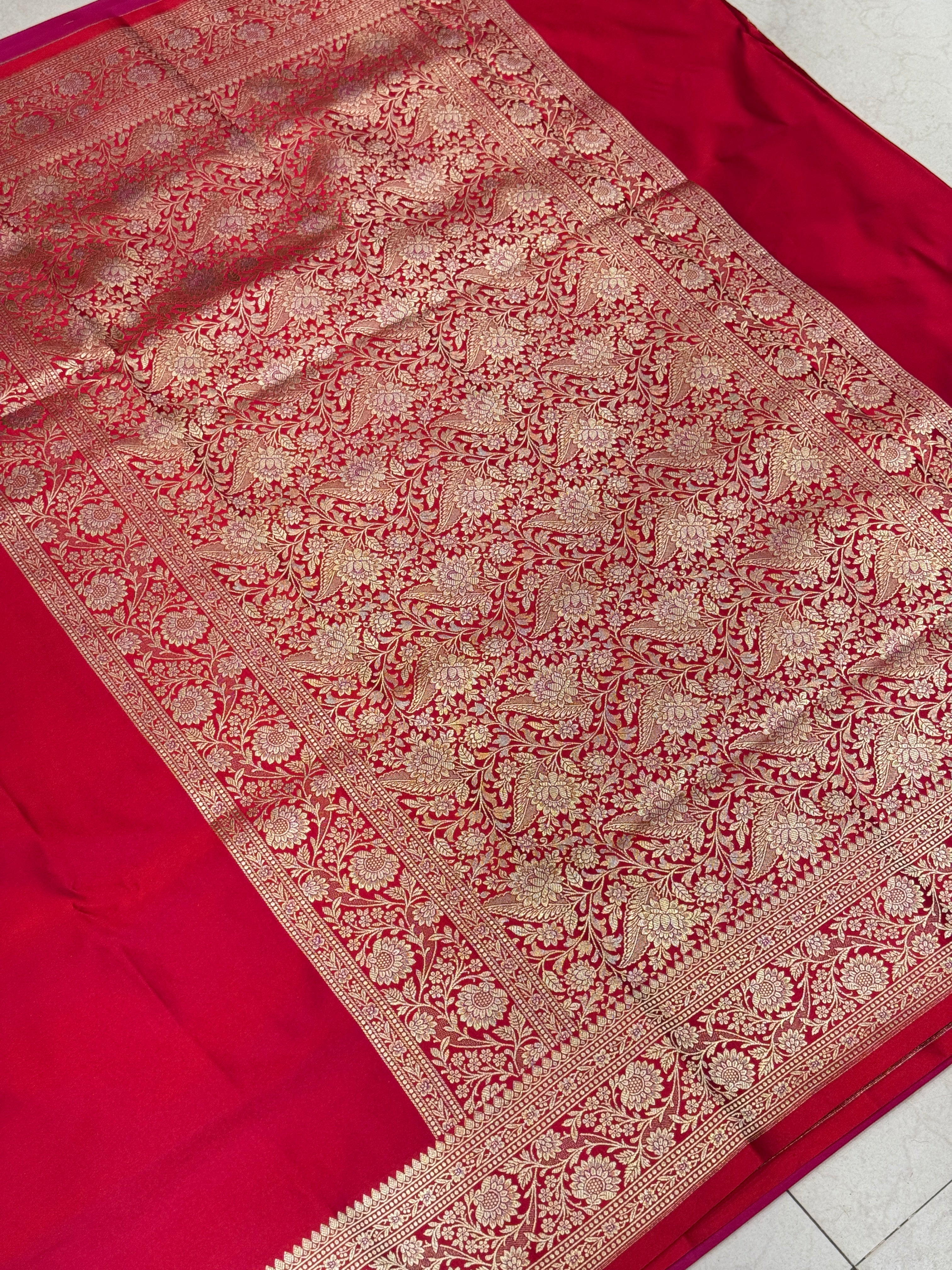 Red Banarasi Silk Plain Upside Down Border Saree