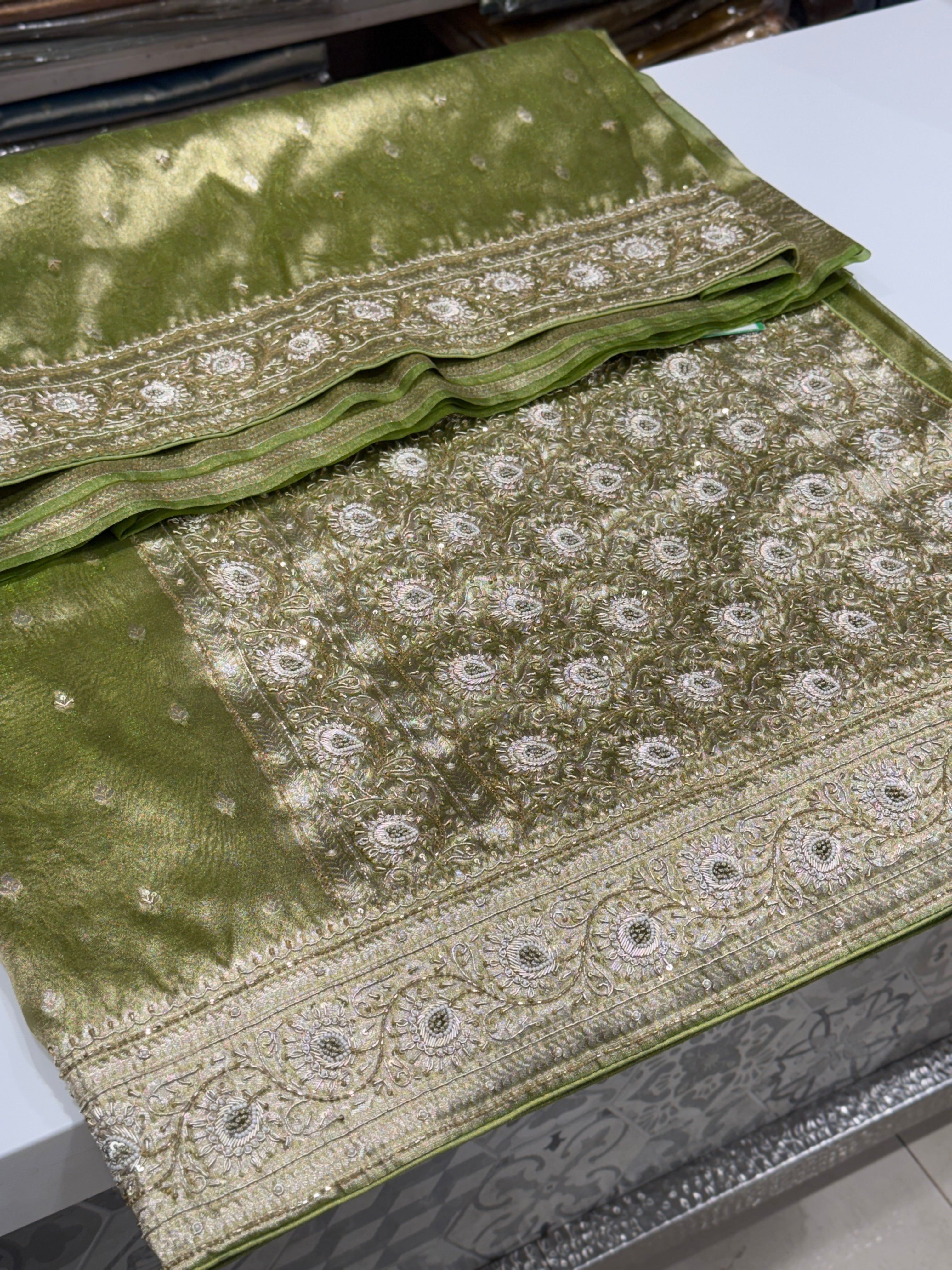 Green Banarasi Tissue Zardosi Embroidery Saree