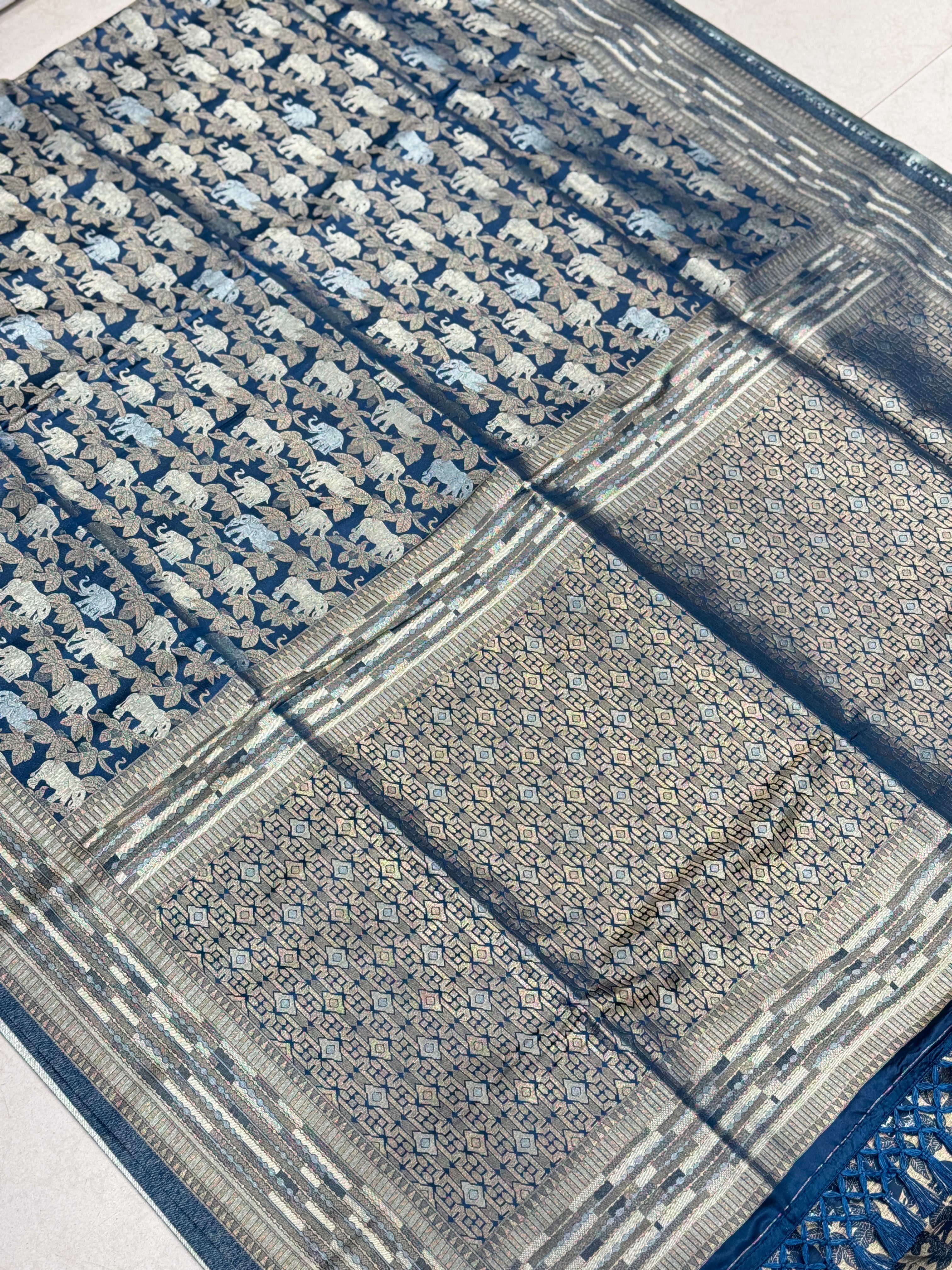 Petrol Blue Banarasi Soft Silk Semi Elephant Motif Saree