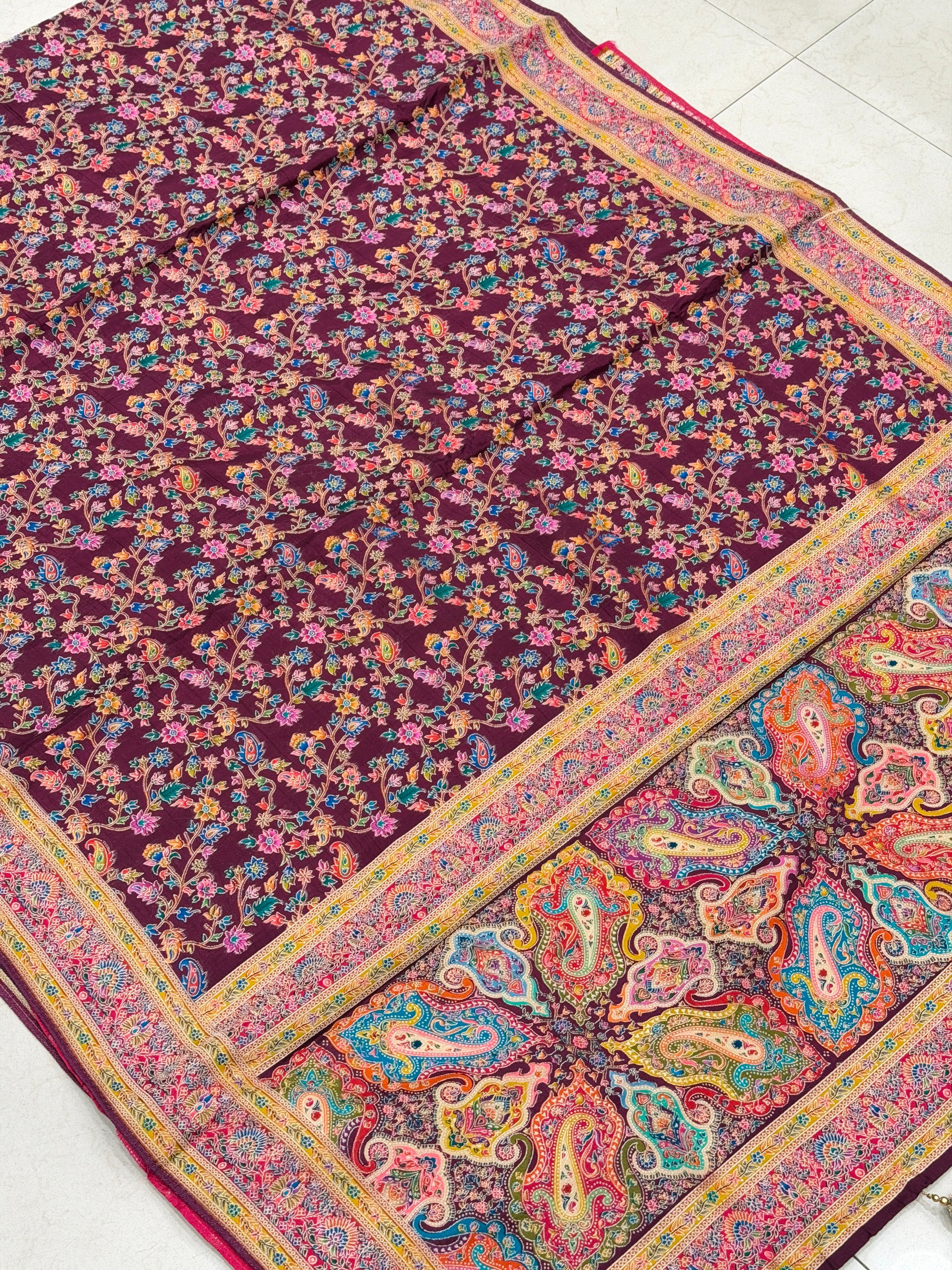 Maroonish Wine Weaved Pashmina Style Multi Colour Saree