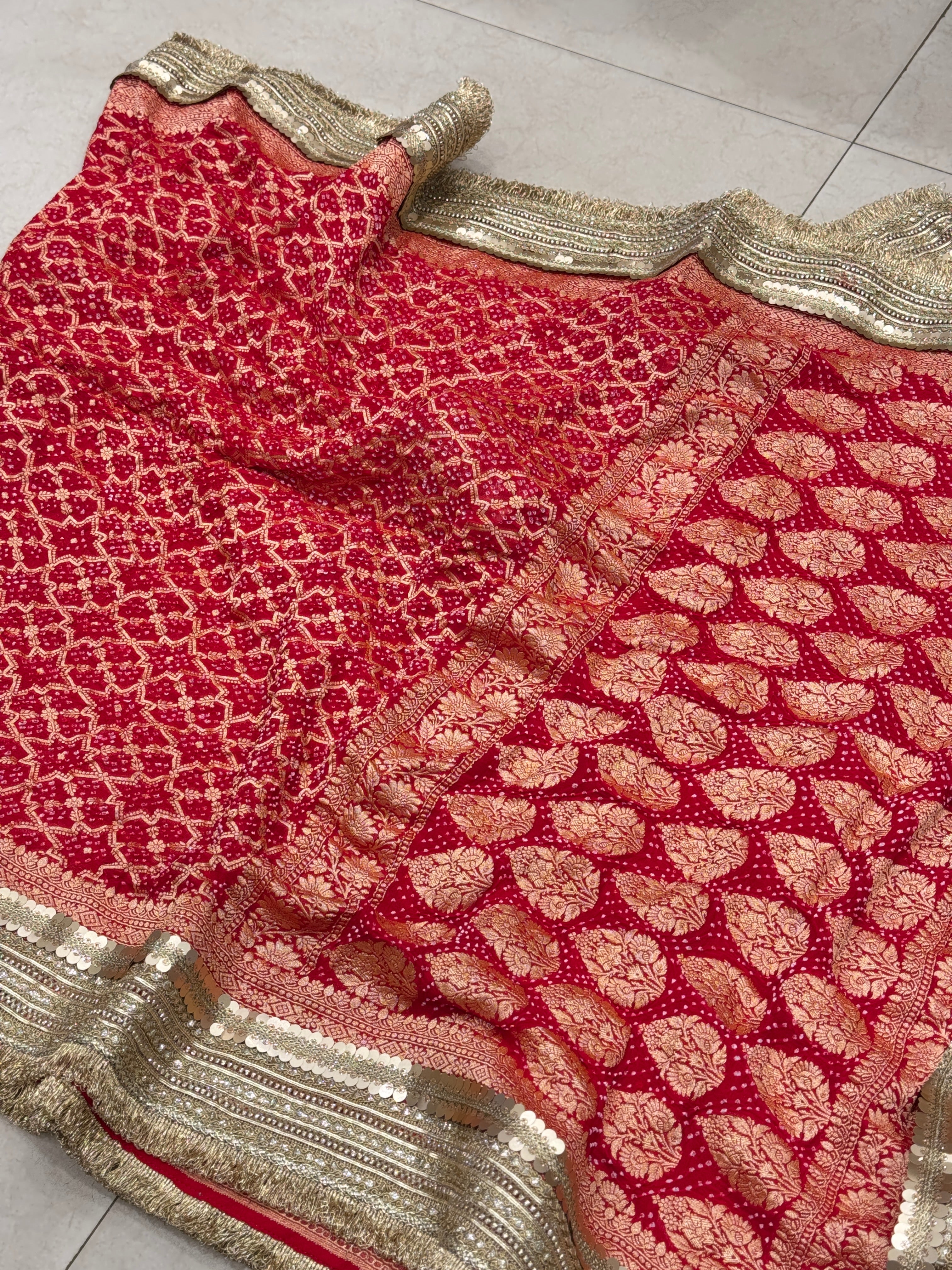 Red Bandhej Maharani Style Saree