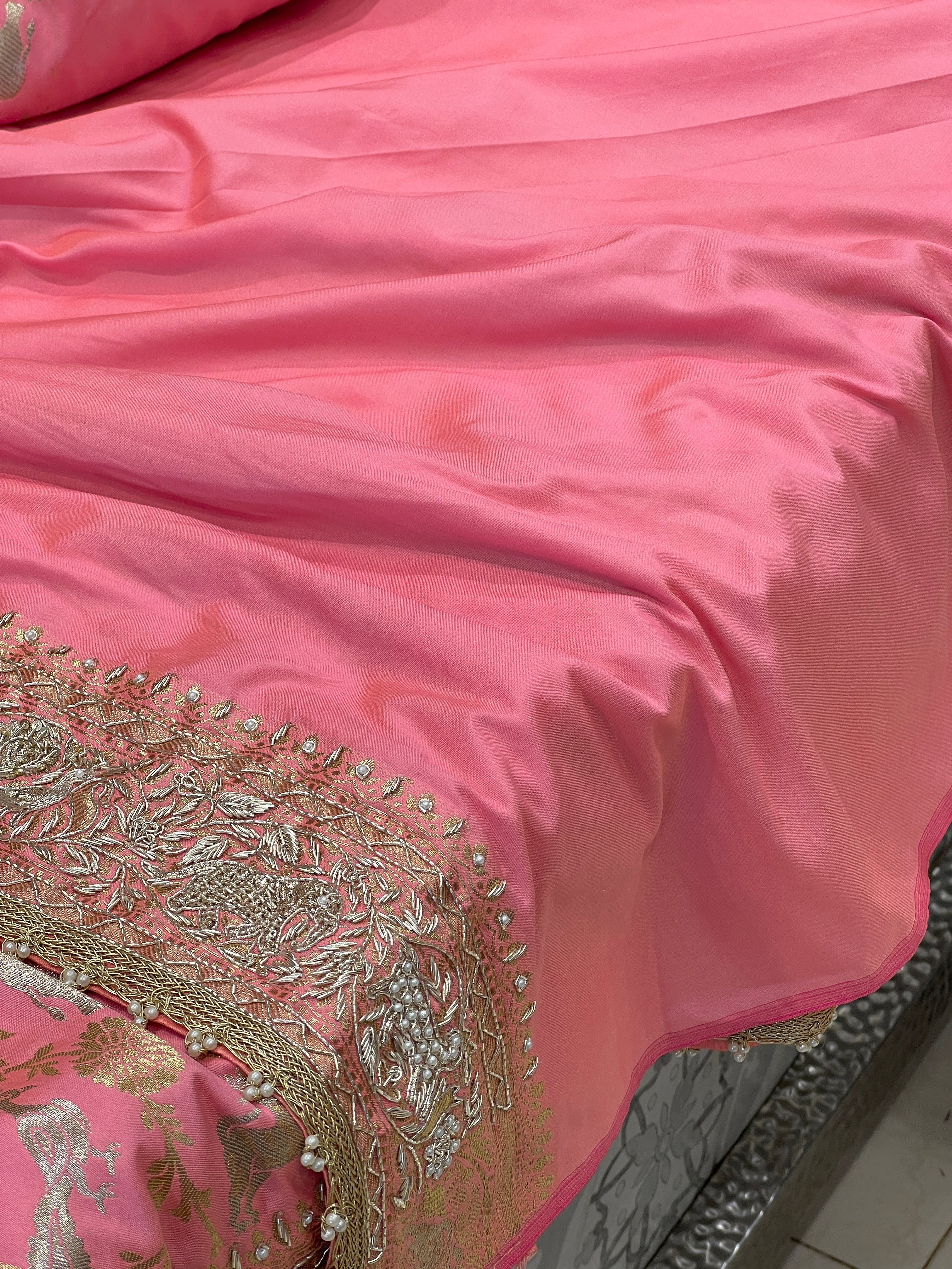 Pink Banarasi Shikara Hand Embroidery Saree