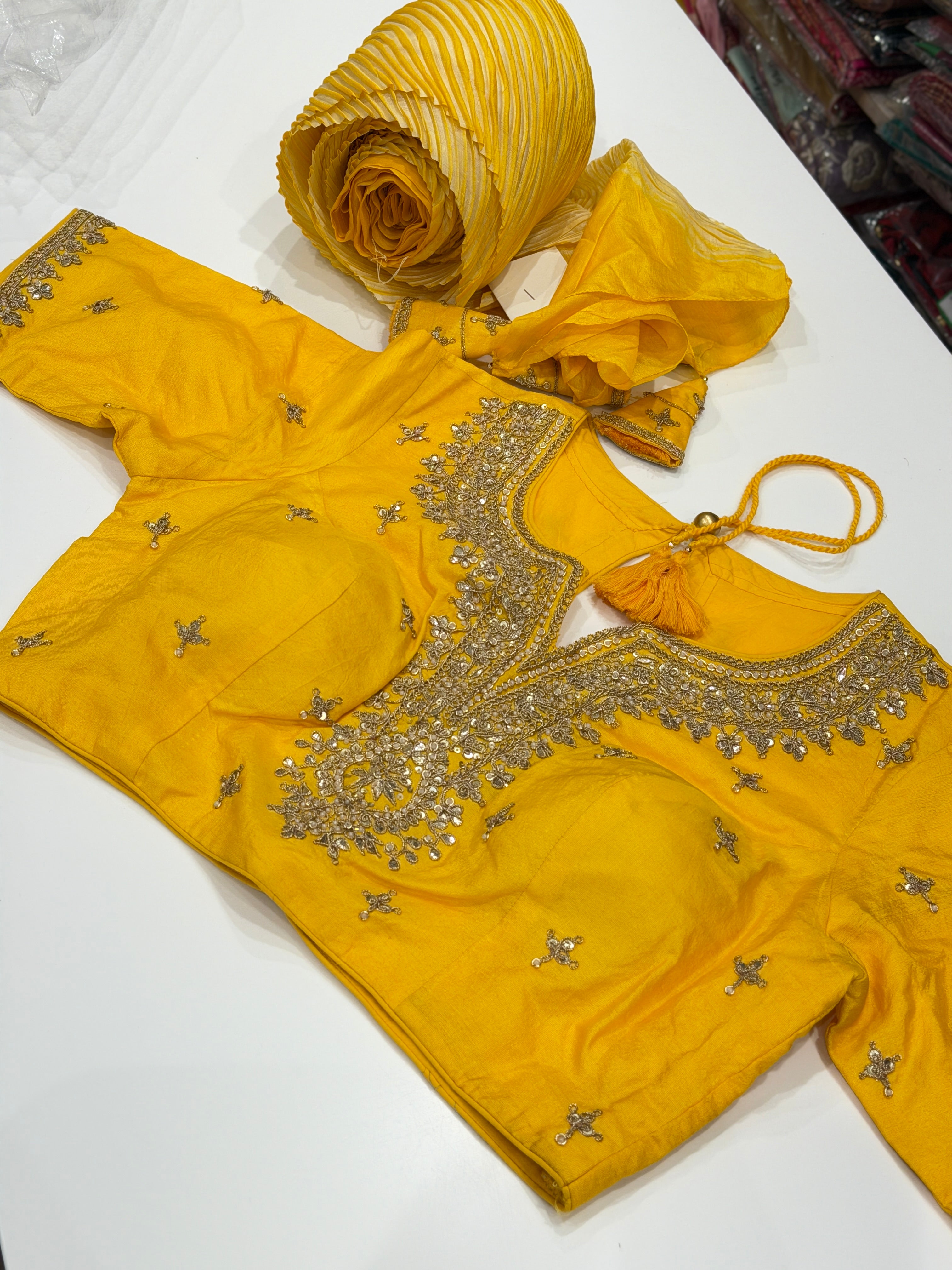 Yellow Crushed Tussor Arashi Shibori Dye with Marodi Embroidery Ready Blouse Saree