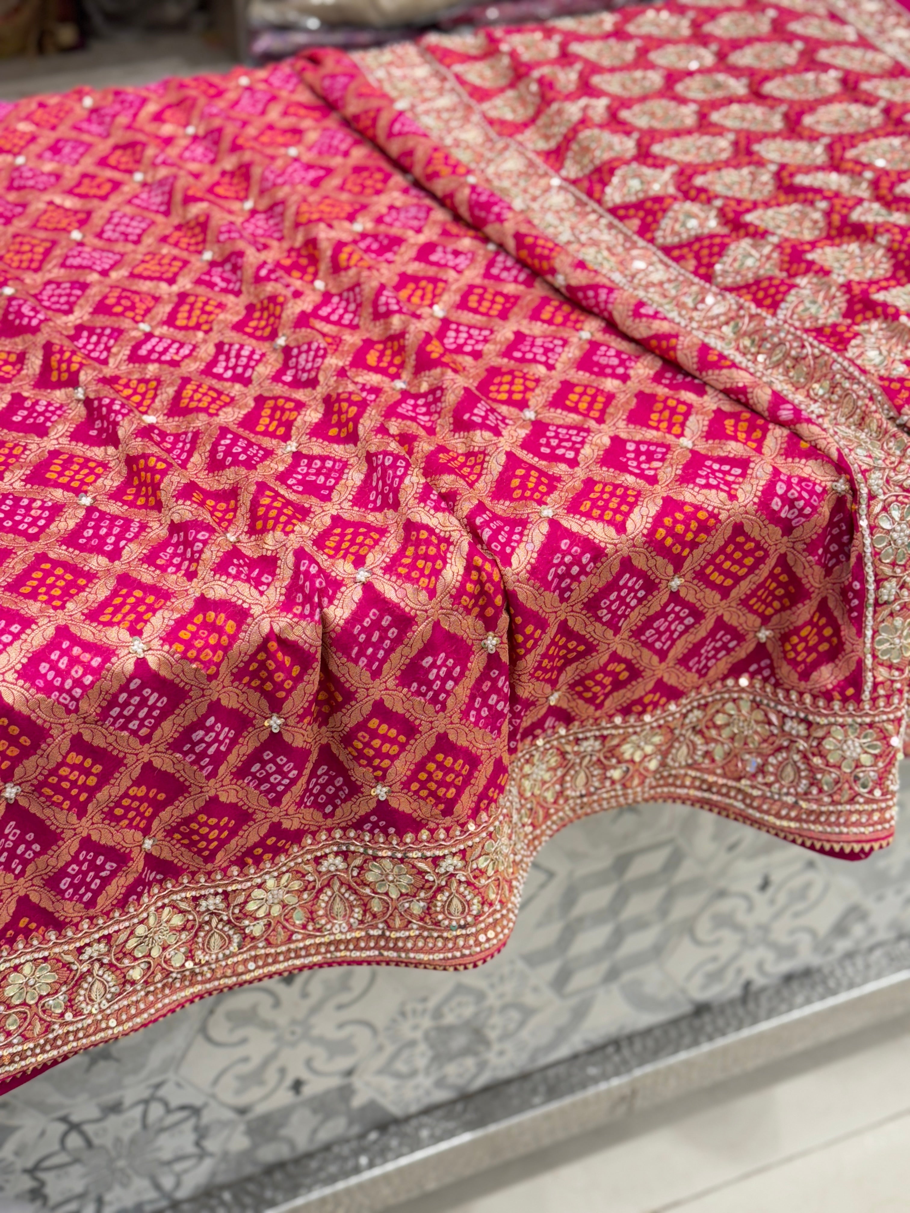 Rani Bandhej Zardosi Hand Embroidery Saree