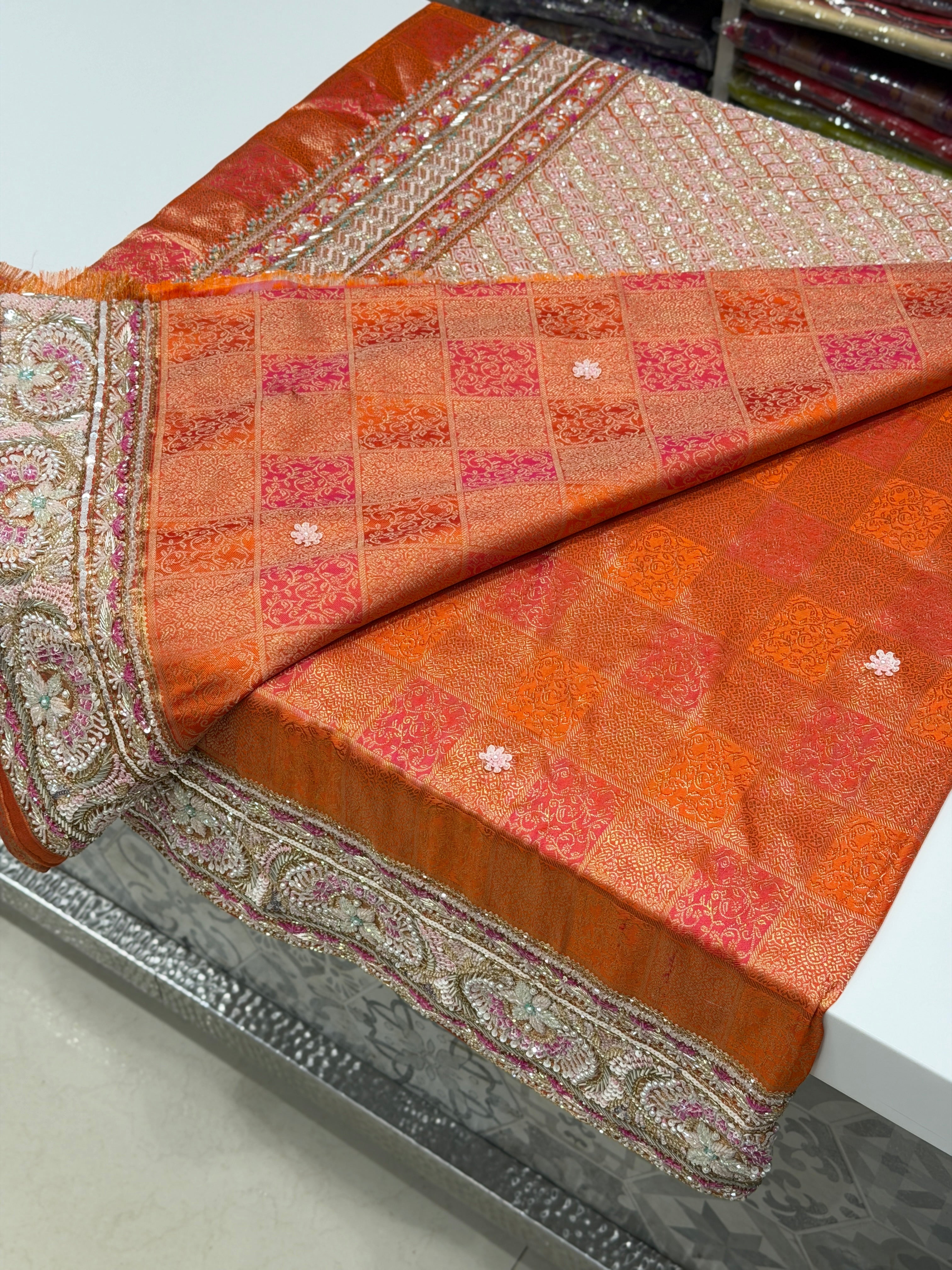 Rust Orange Kanjivaram Moti Zardosi Hand Embroidery Saree