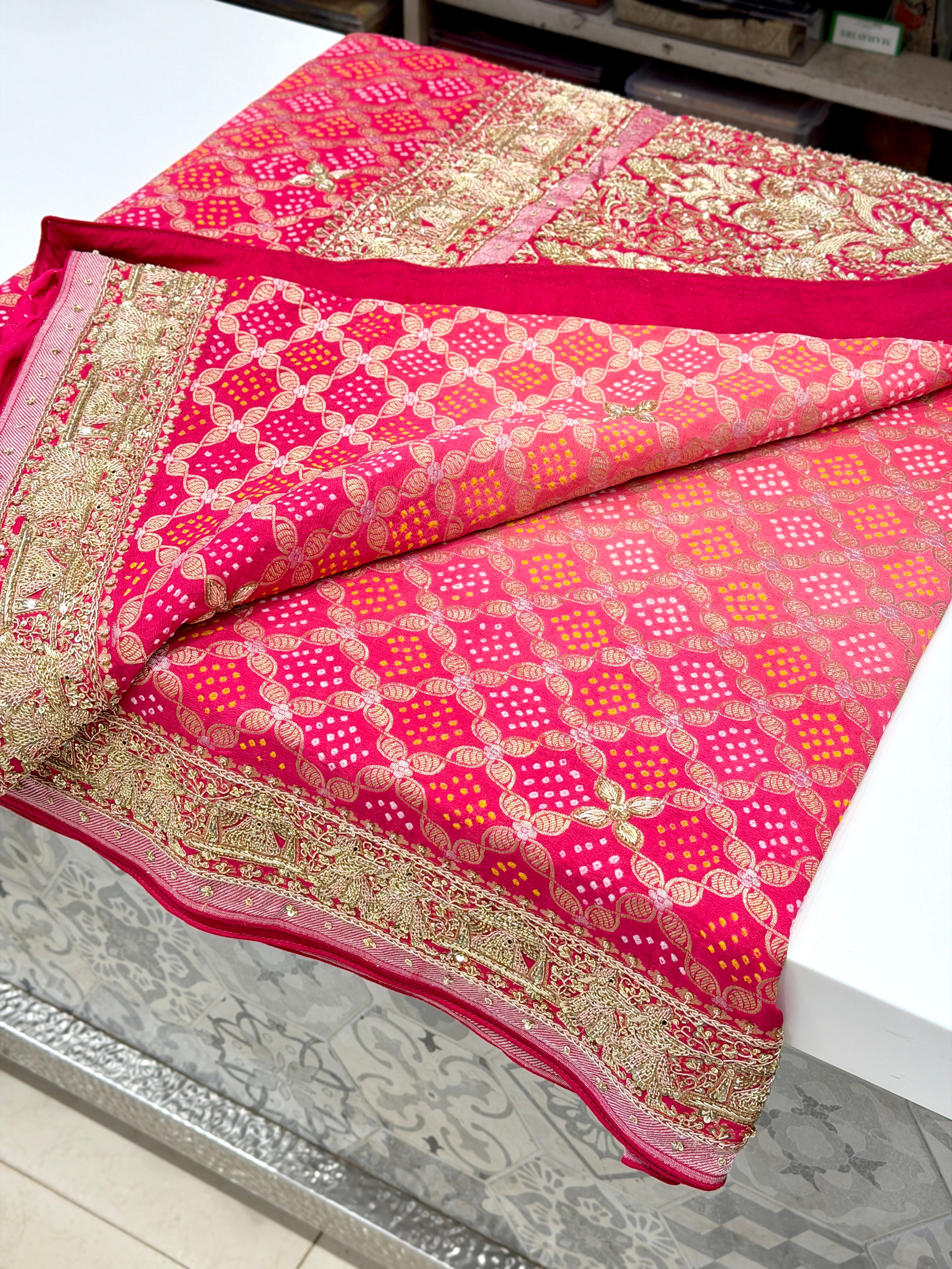 Strawberry Shaded Bandhej Zardodi Doli Edit Hand Embroidery Saree