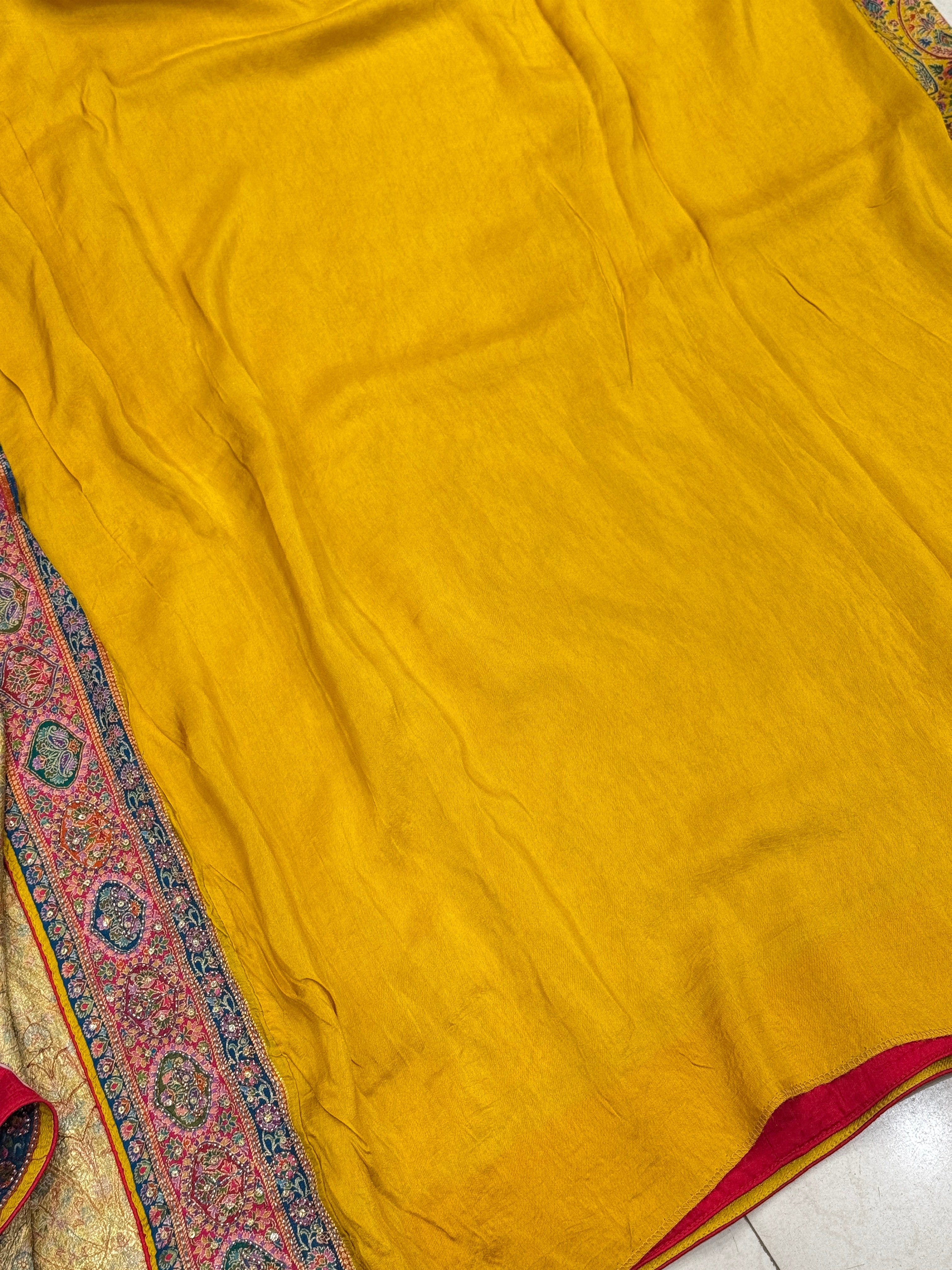 Yellow Banarasi Munga Pashmina Style Hand Embroidery Saree
