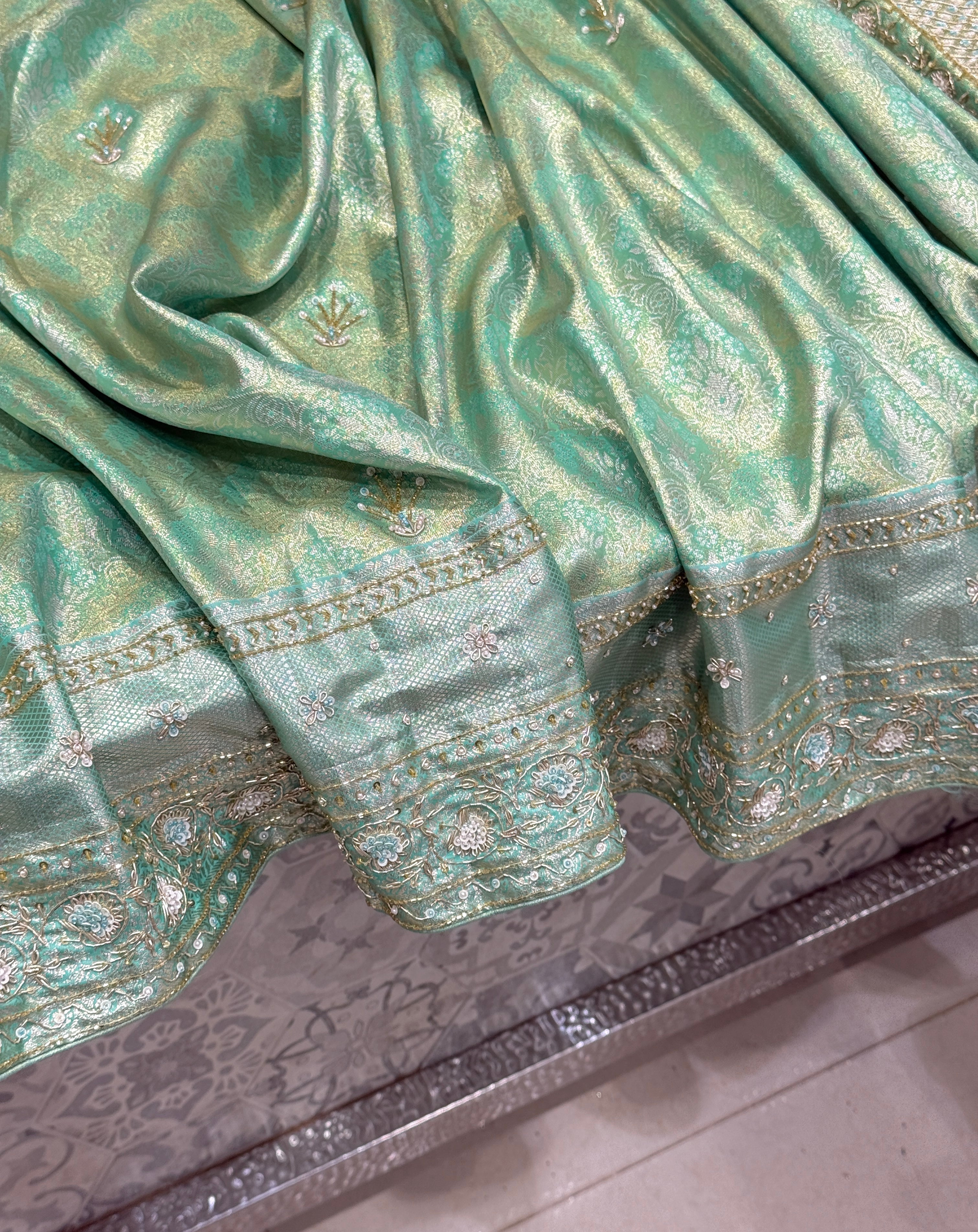 Pista Green Tissue Kanjivaram Hand Embroidery Saree