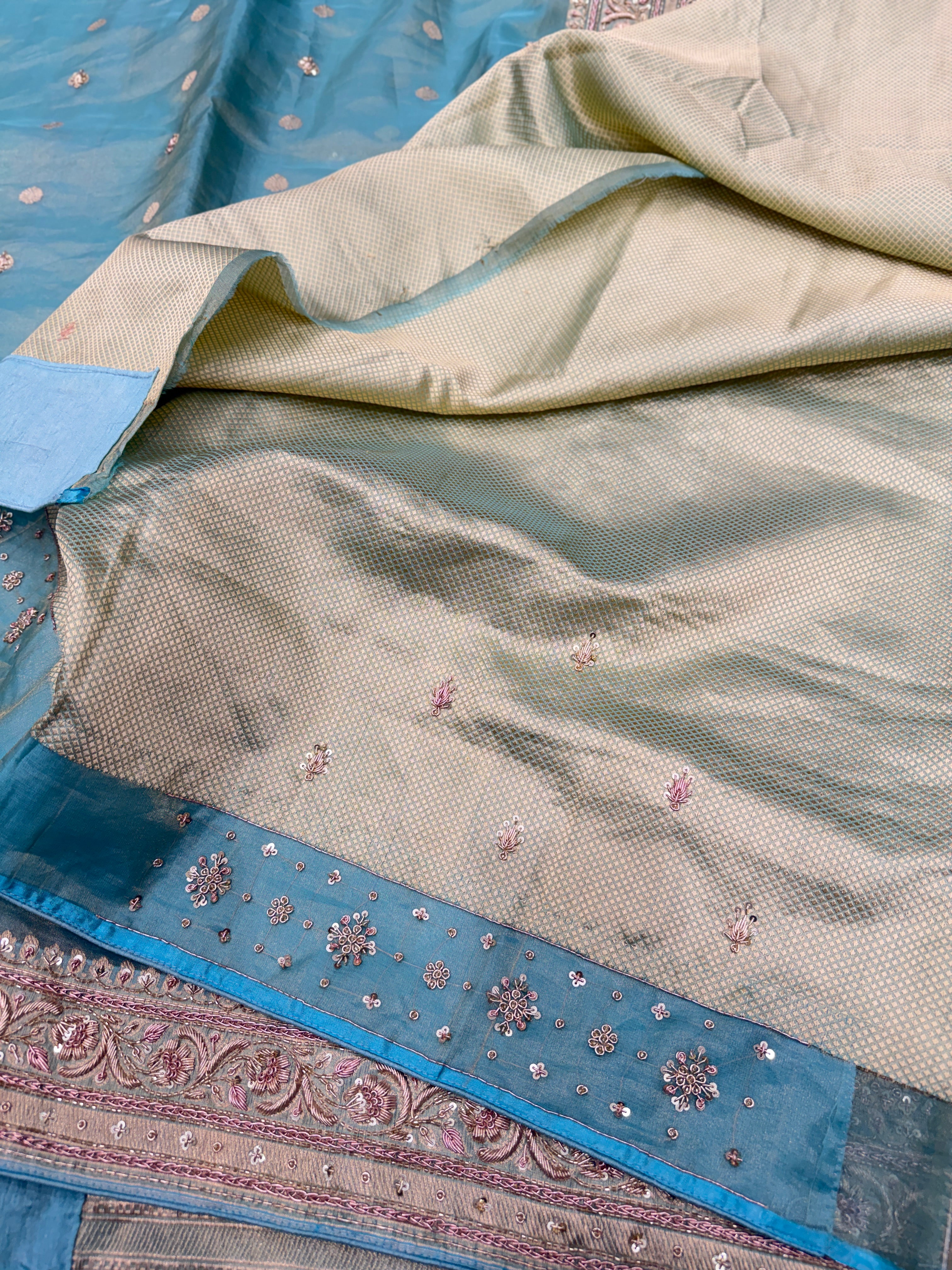 Sea Green Banarasi Tissue Handloom Kadwa Weave Zardosi Embroidery Saree