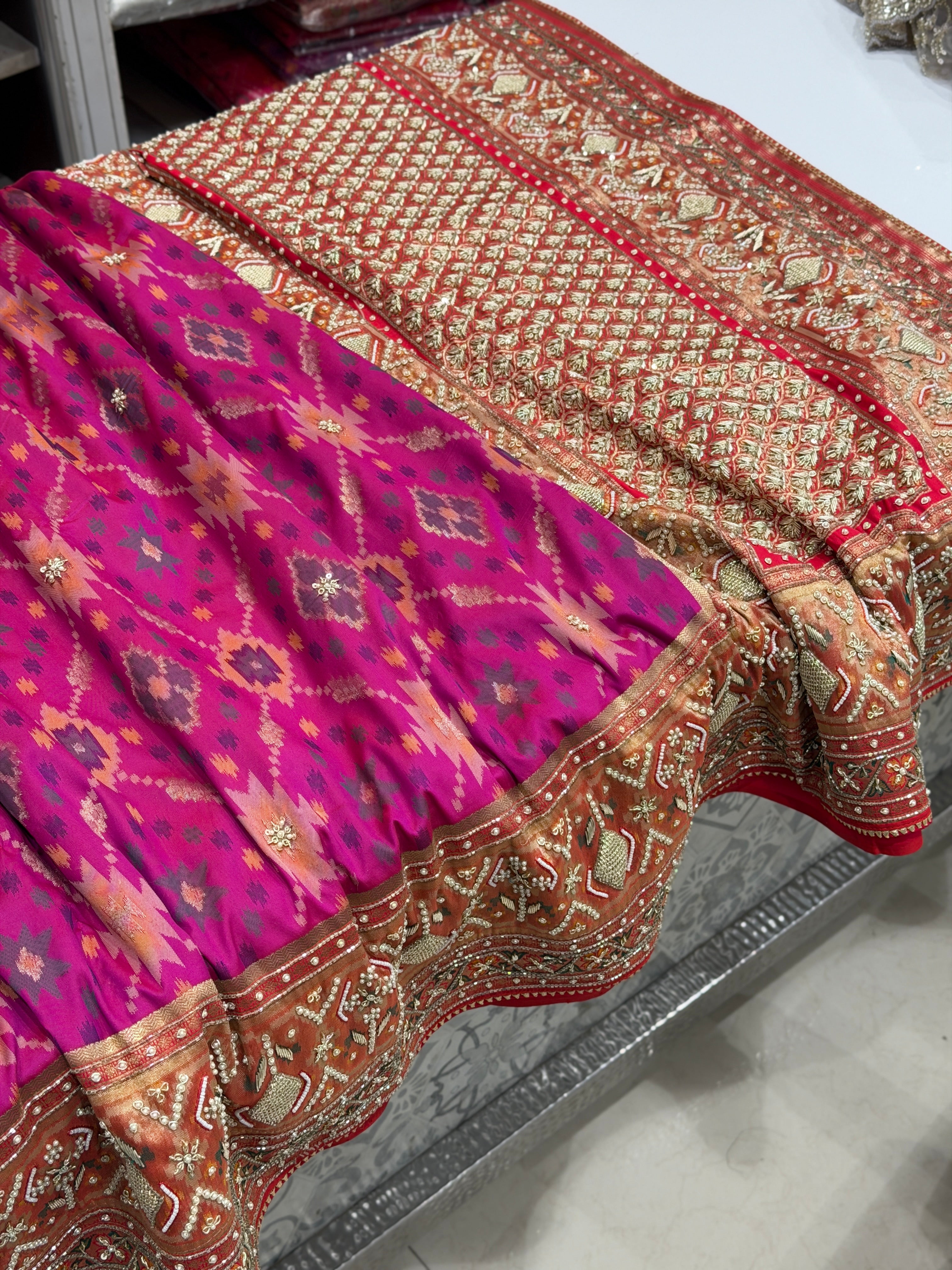 Wine Banarasi Ikat Patola Zardosi Hand Embroidery Saree