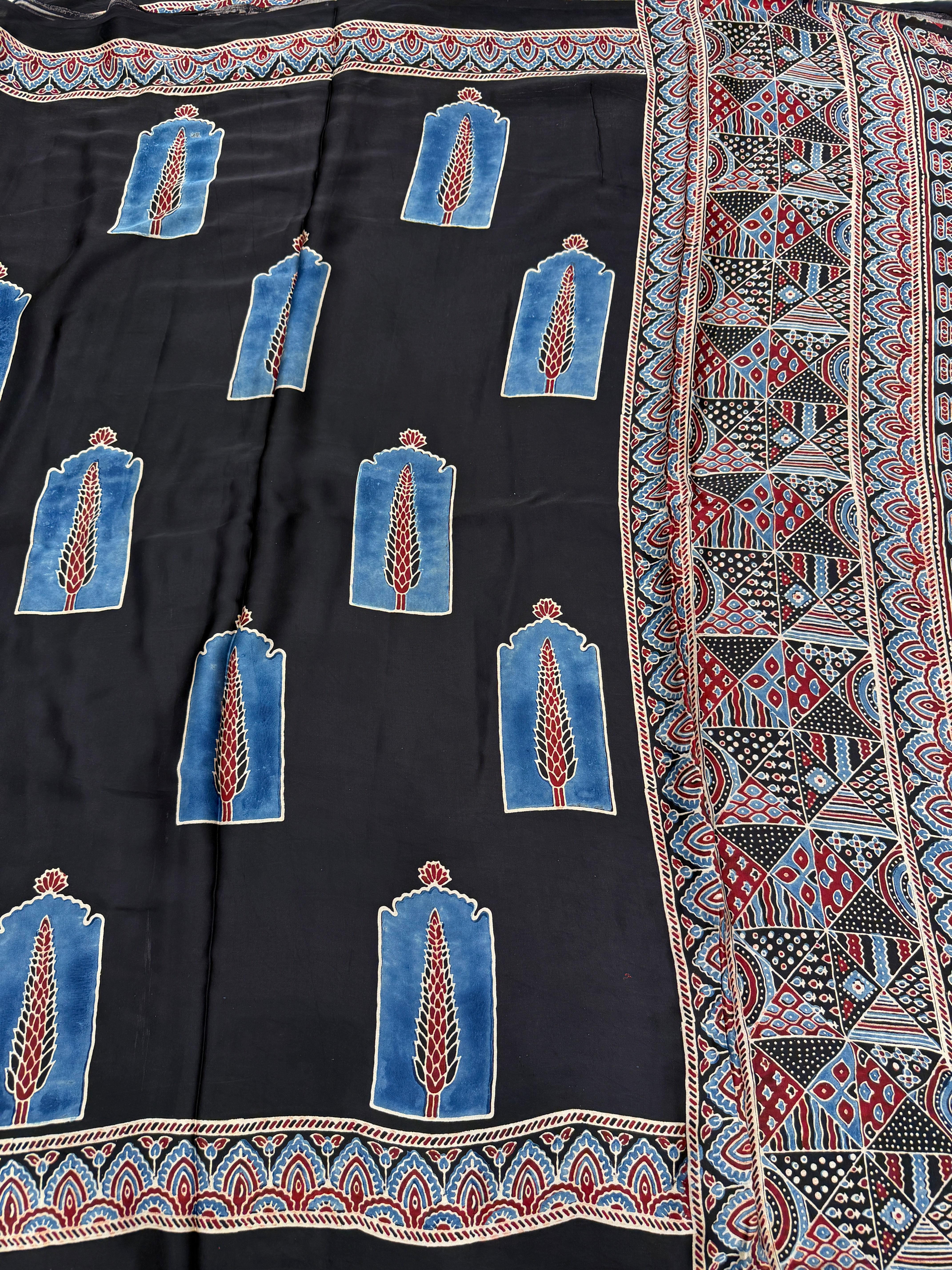 Black Contemporary Buttas Ajrakh Hand Block Print Pure Gajji Silk Saree