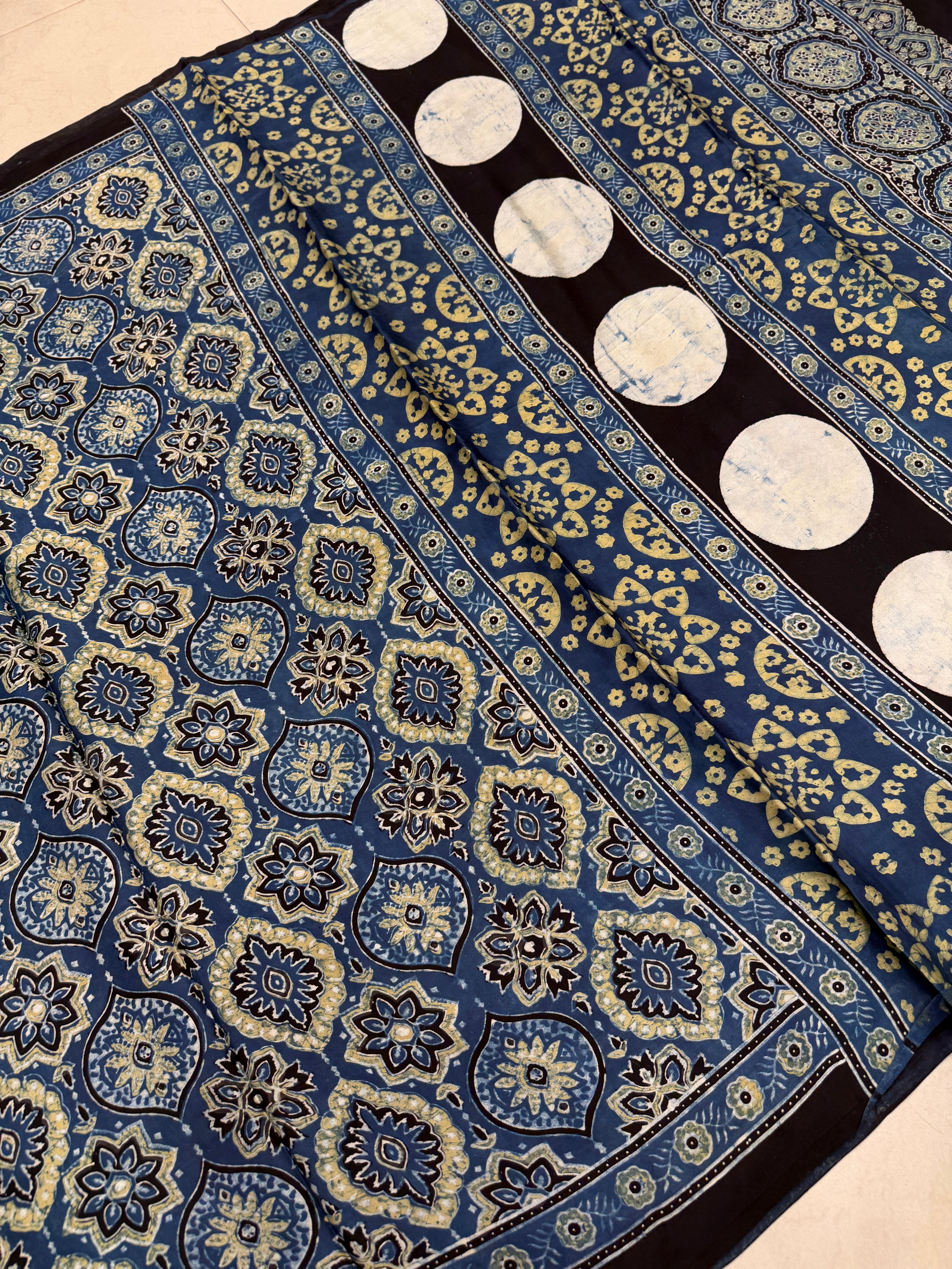 Blue Yellow Badam Jaal Ajrakh Hand Block Print Pure Gajji Silk Saree