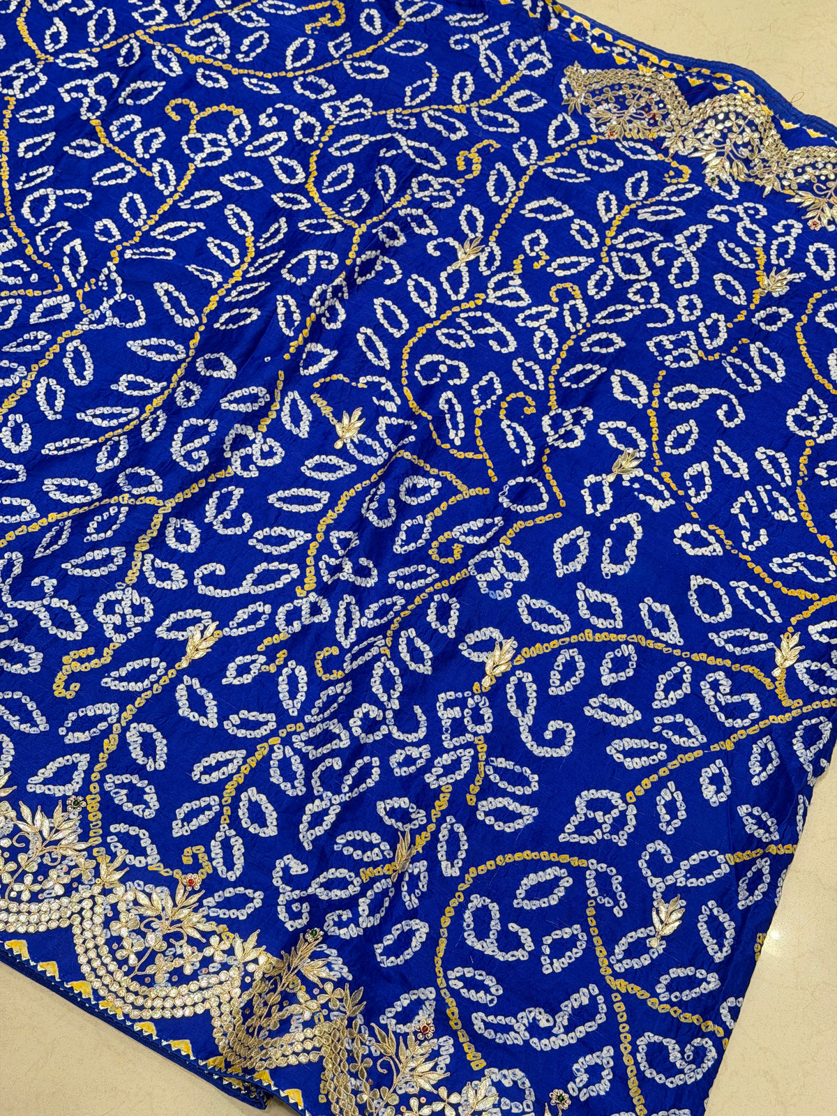Royal Blue Gajji Silk Rai Bandhej Gotapatti Marodi Hand Embroidery Saree