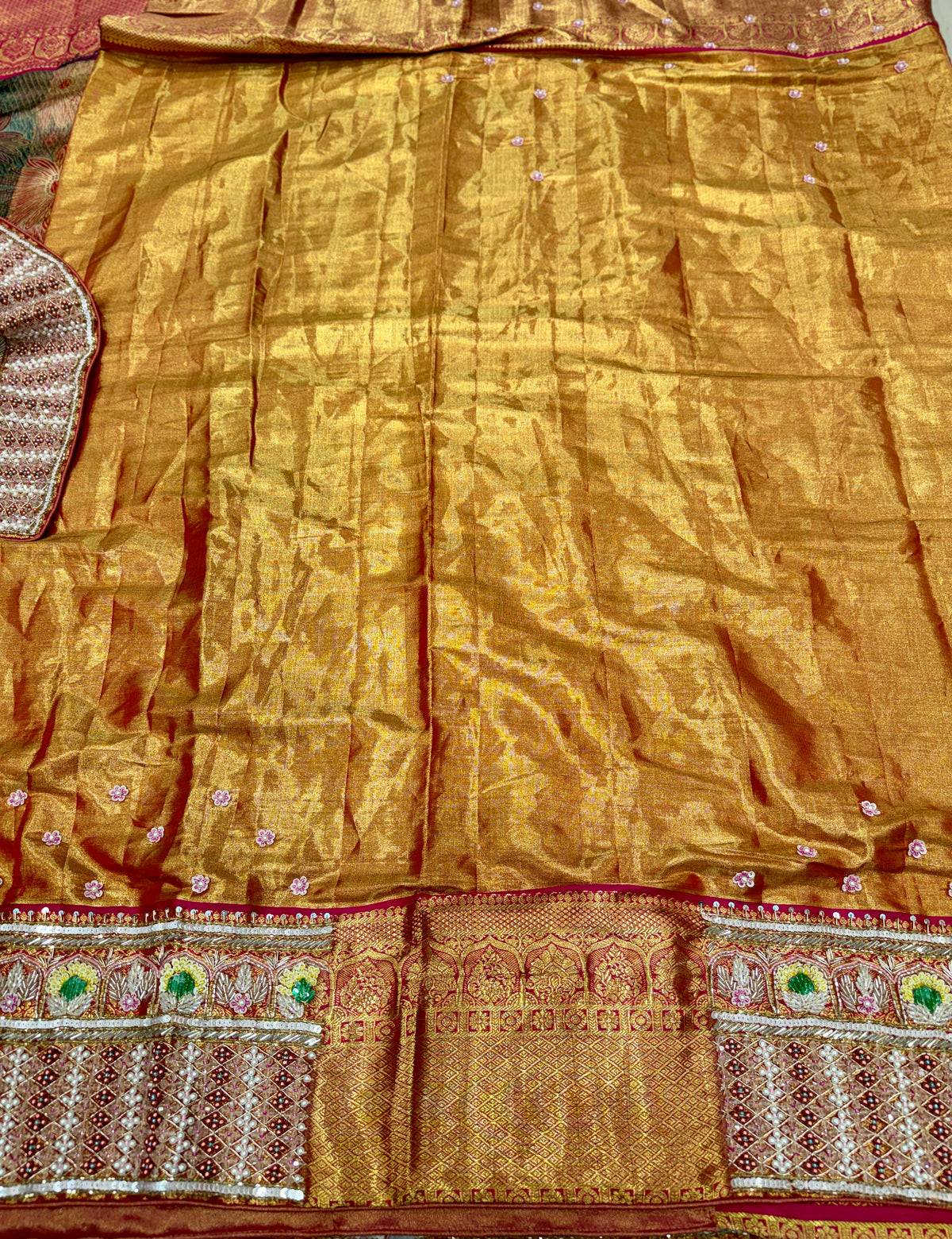 Red Floral Contrast Meenakari Tissue Kanjivaram Zardosi Hand Embroidery Saree