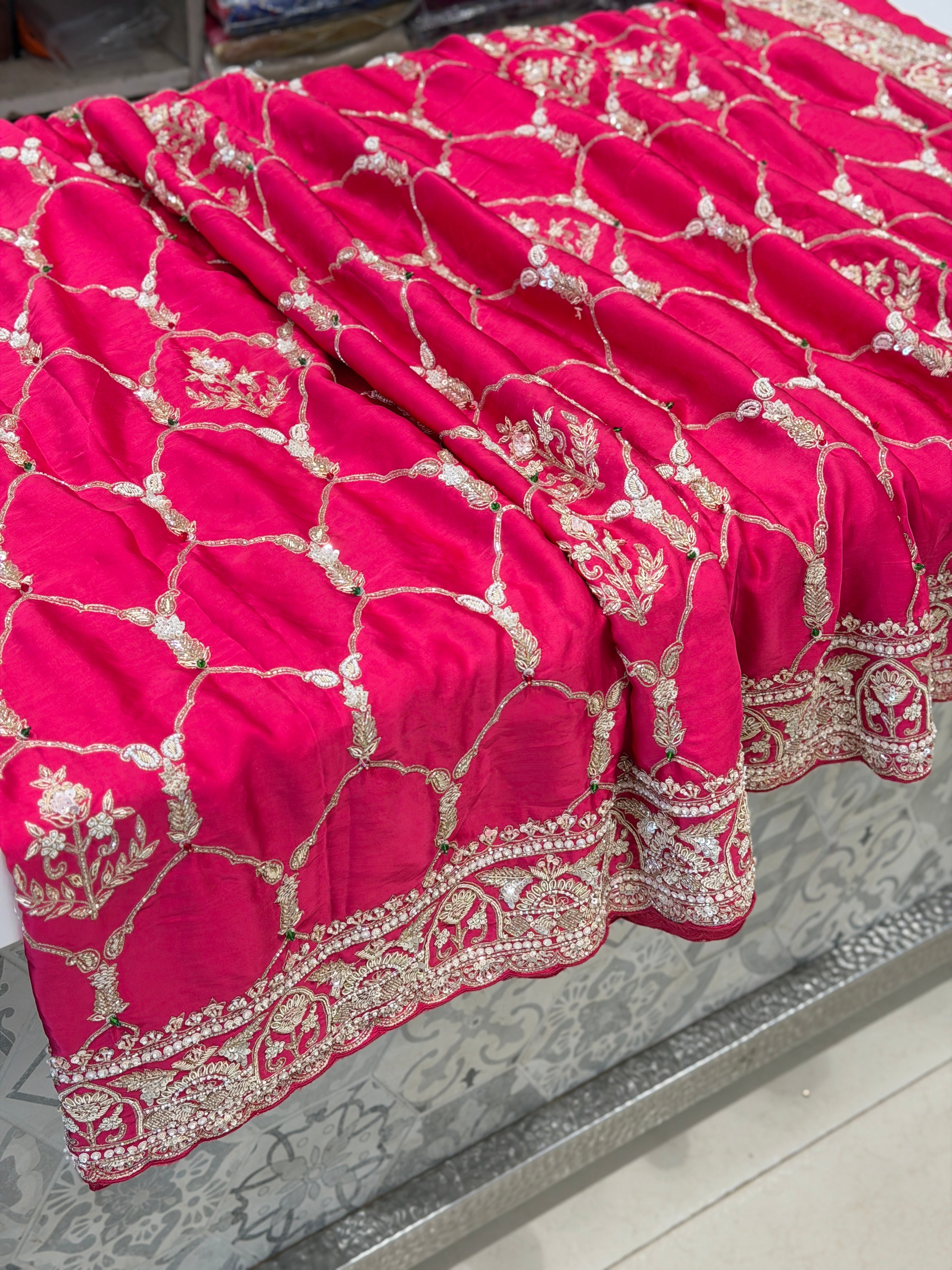 Rani Pink Satin Silk Zardosi Crown Jaal Hand Embroidery Saree