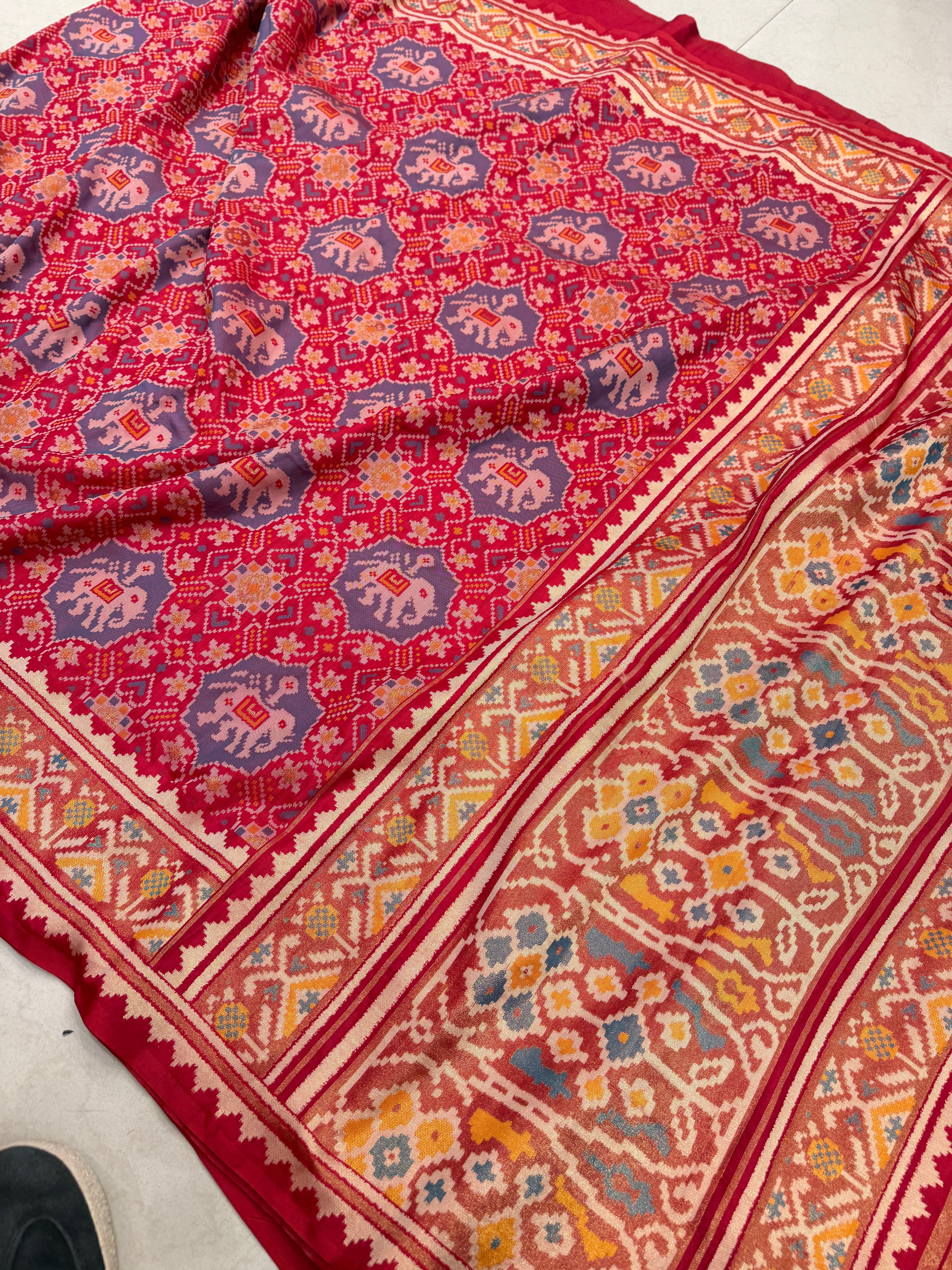 Red Nari Kunjar Elephant Motif Semi Silk Weaved Patan Patola Saree