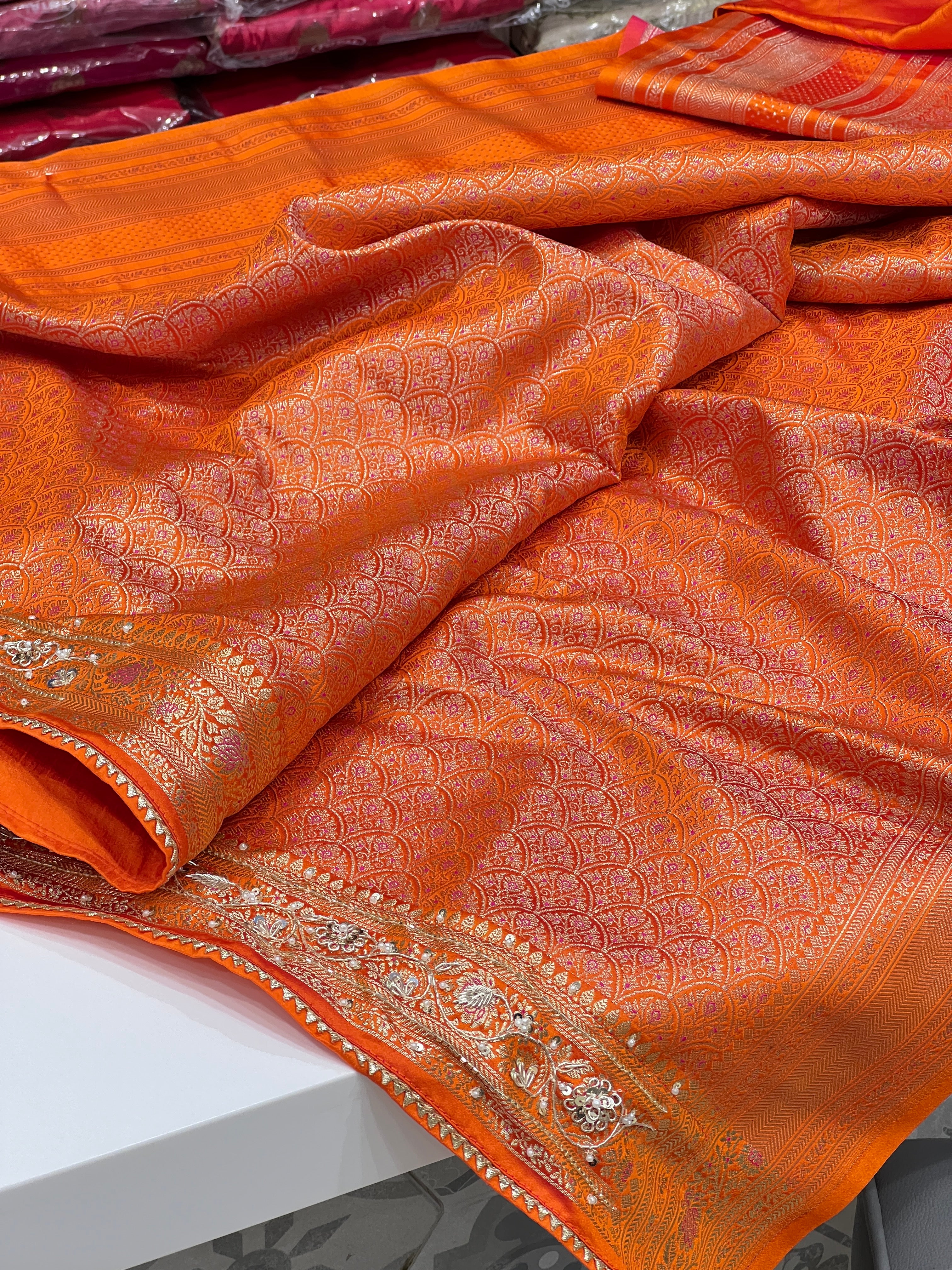 Orange Banarasi Silk Hand Embroidery Saree