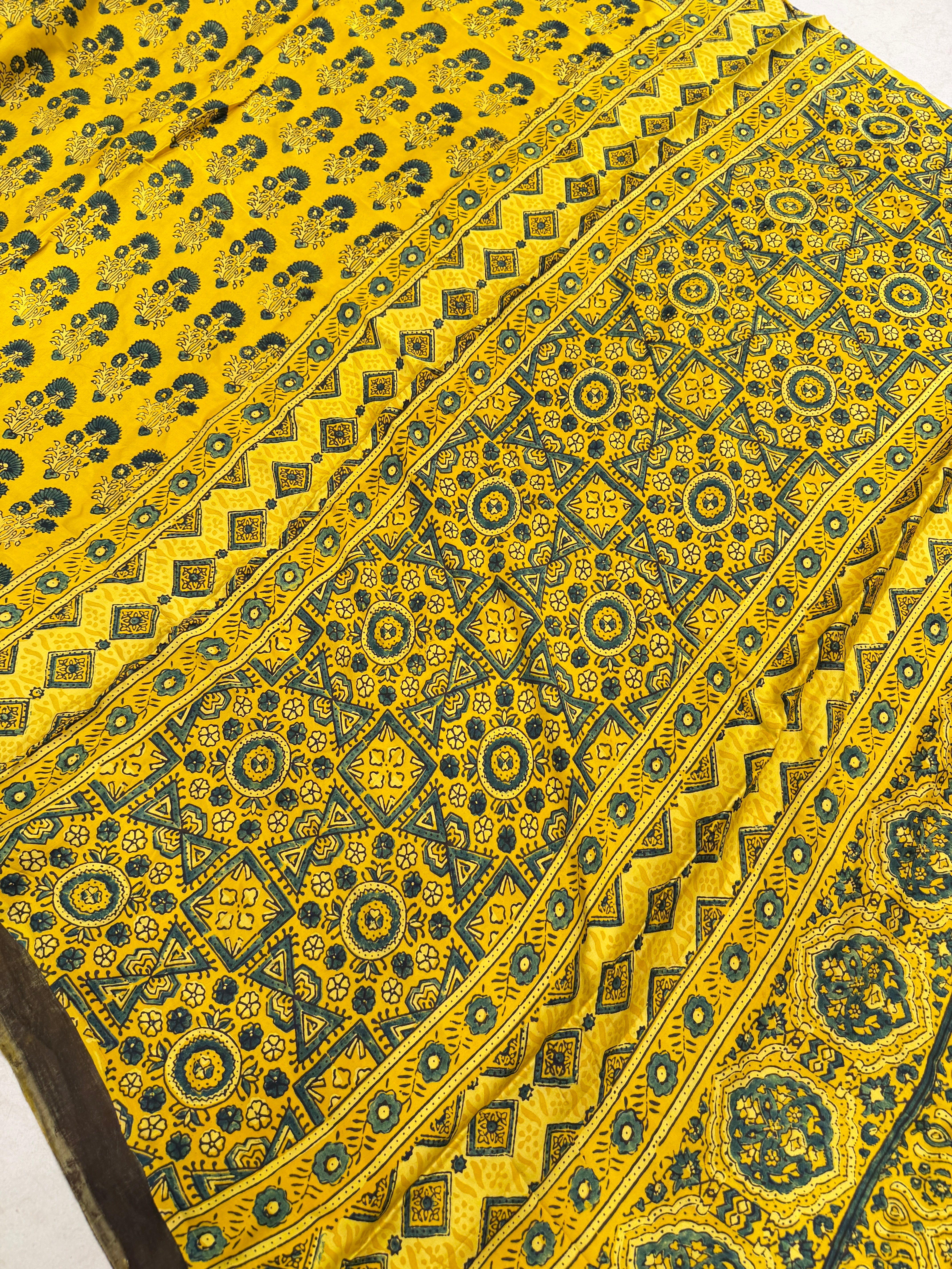 Yellow Floral Butta Ajrakh Hand Block Print Pure Gajji Silk Saree