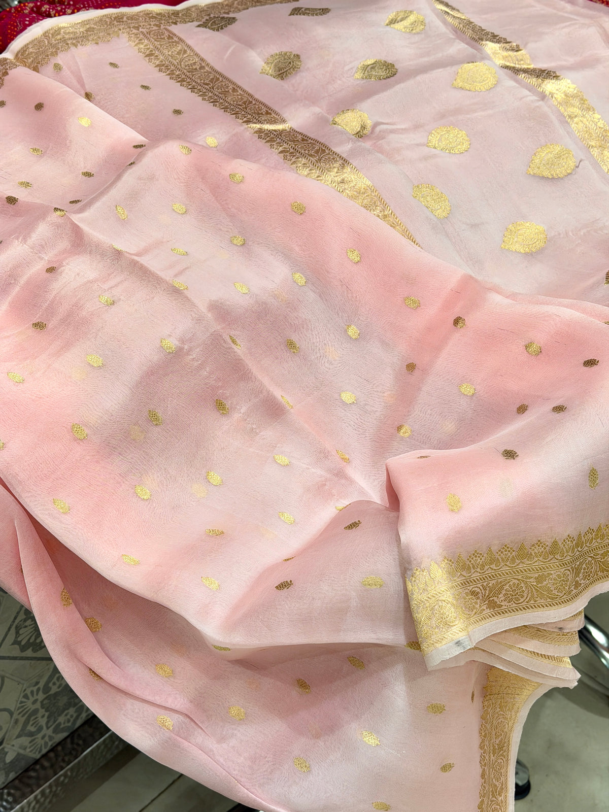 Light Pink Buttis Handloom Banarasi Kora Silk Saree