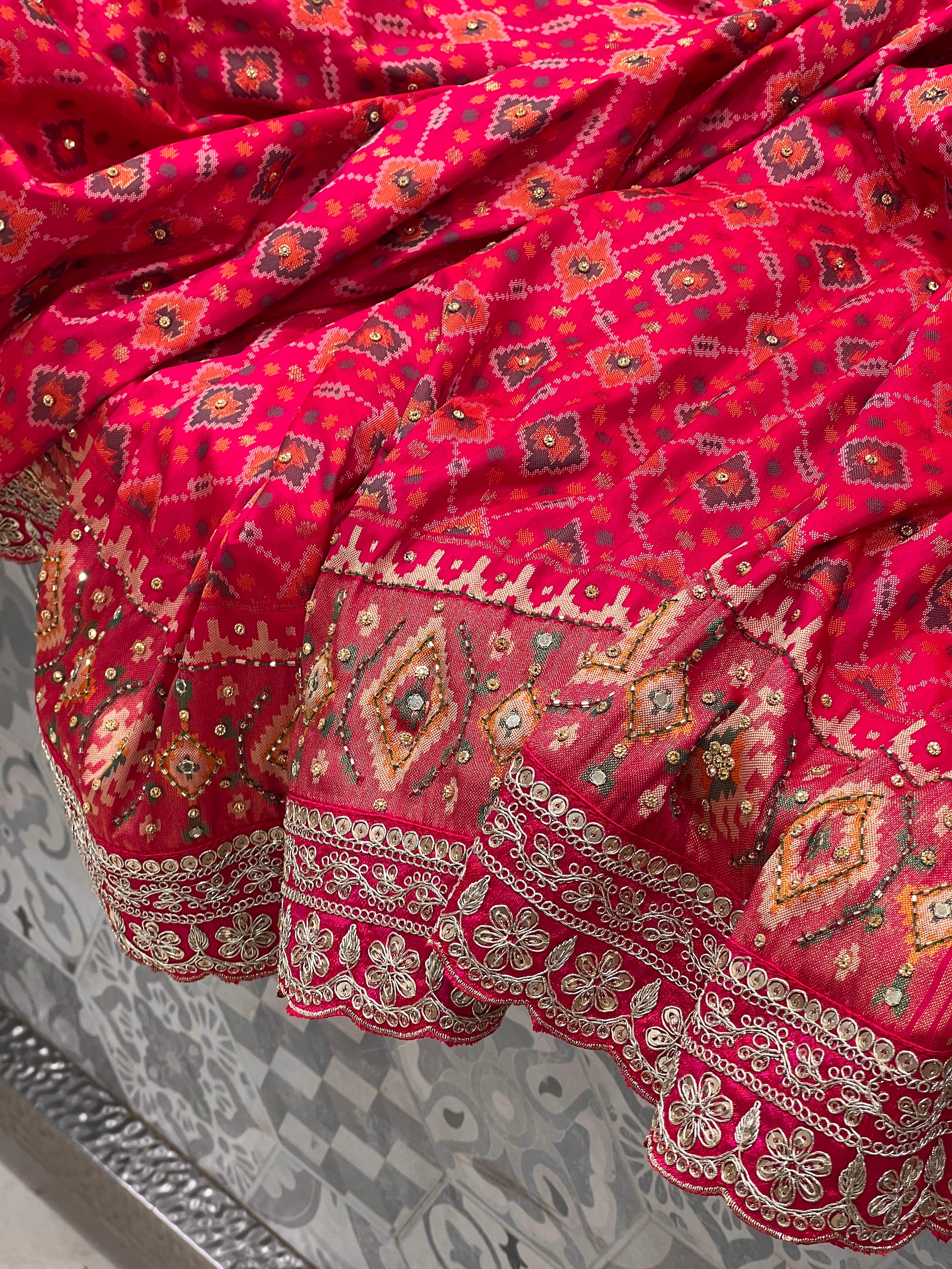 Pinkish Red Patola Hand Embroidery Saree