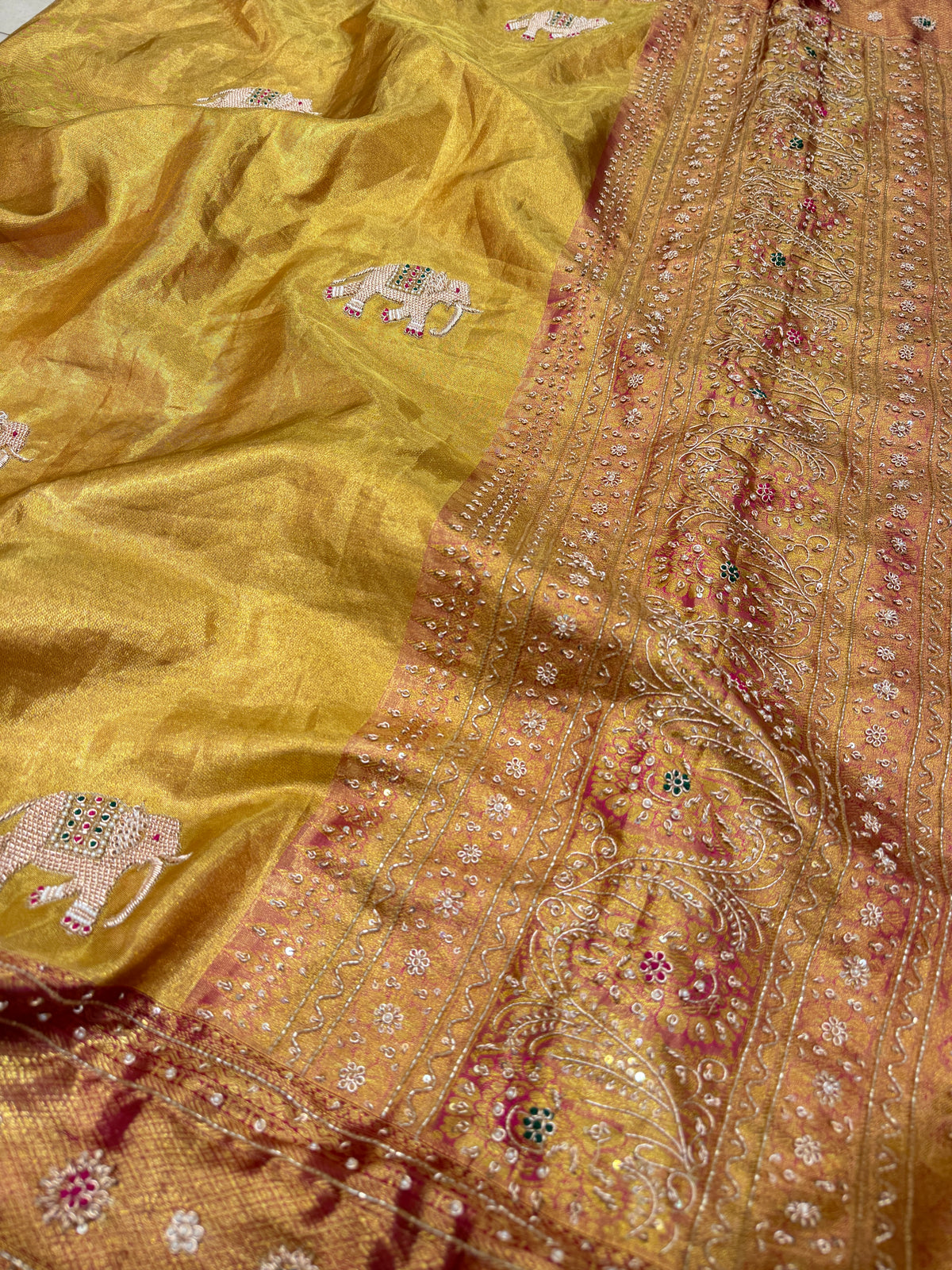 Golden Tissue Silk Kanjivaram Elephant Motif Zardosi Hand Embroidery Saree