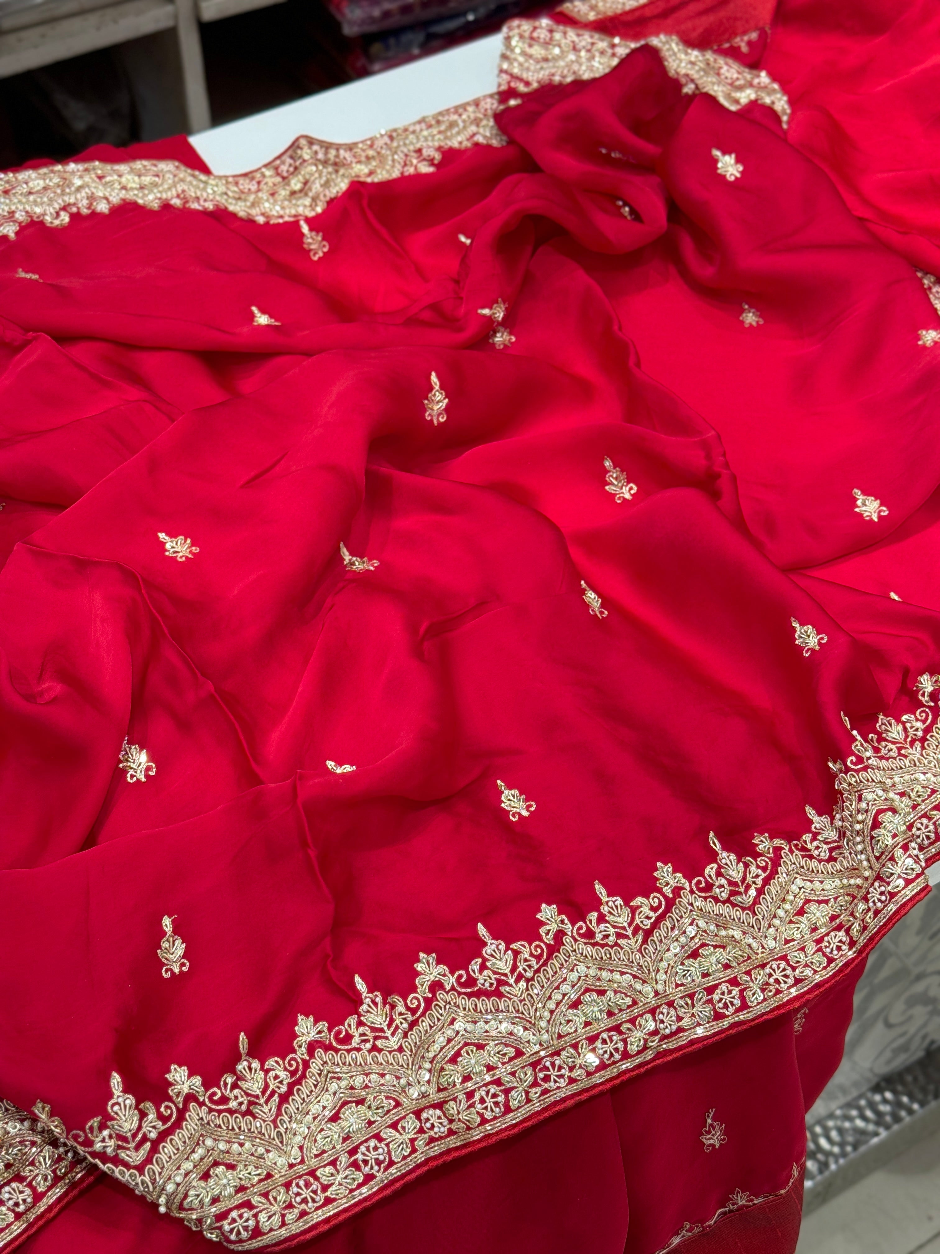 Red Satin Zardosi Saree