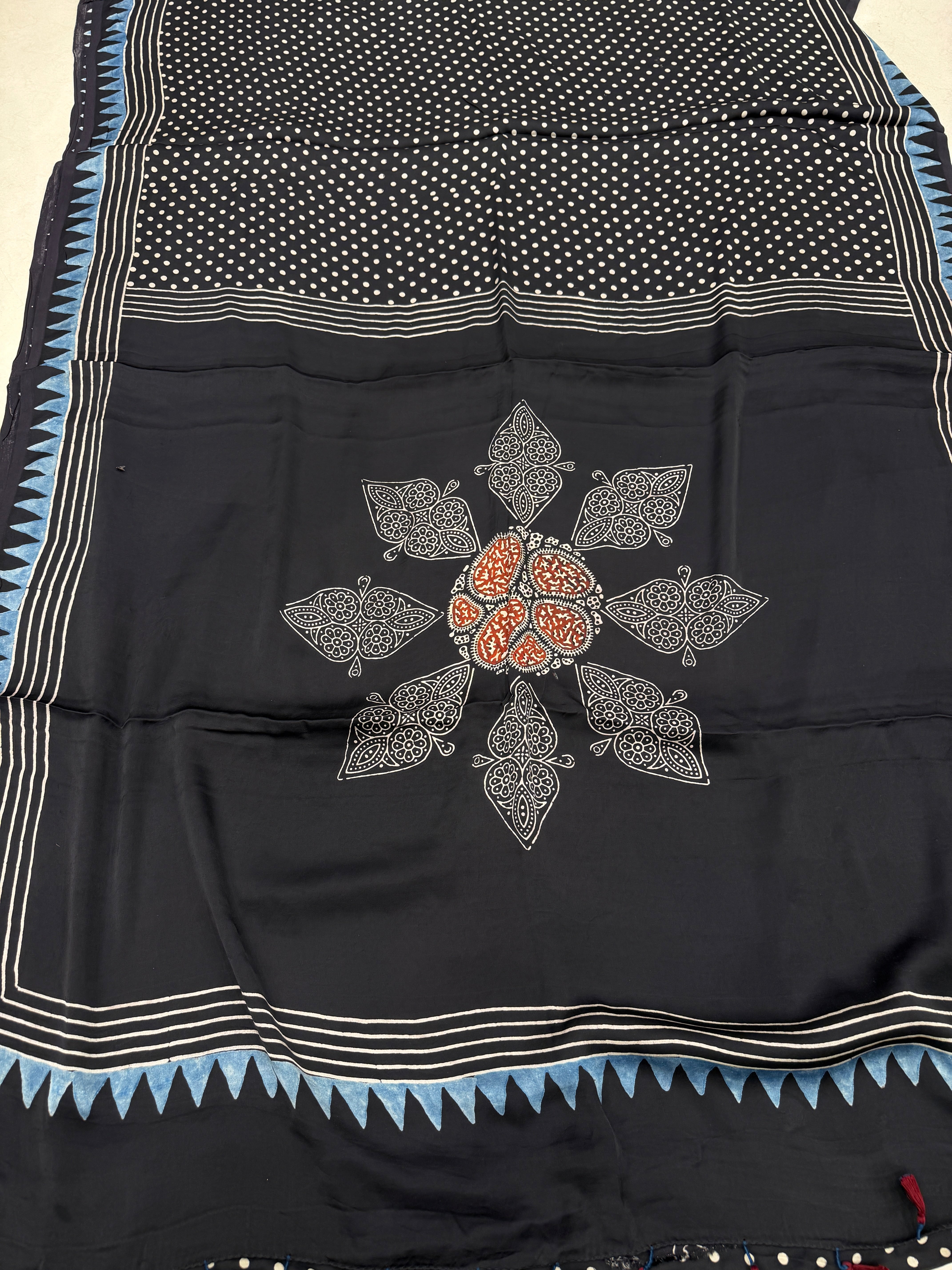 Black Polka Dots Ajrakh Hand Block Print Pure Gajji Silk Saree