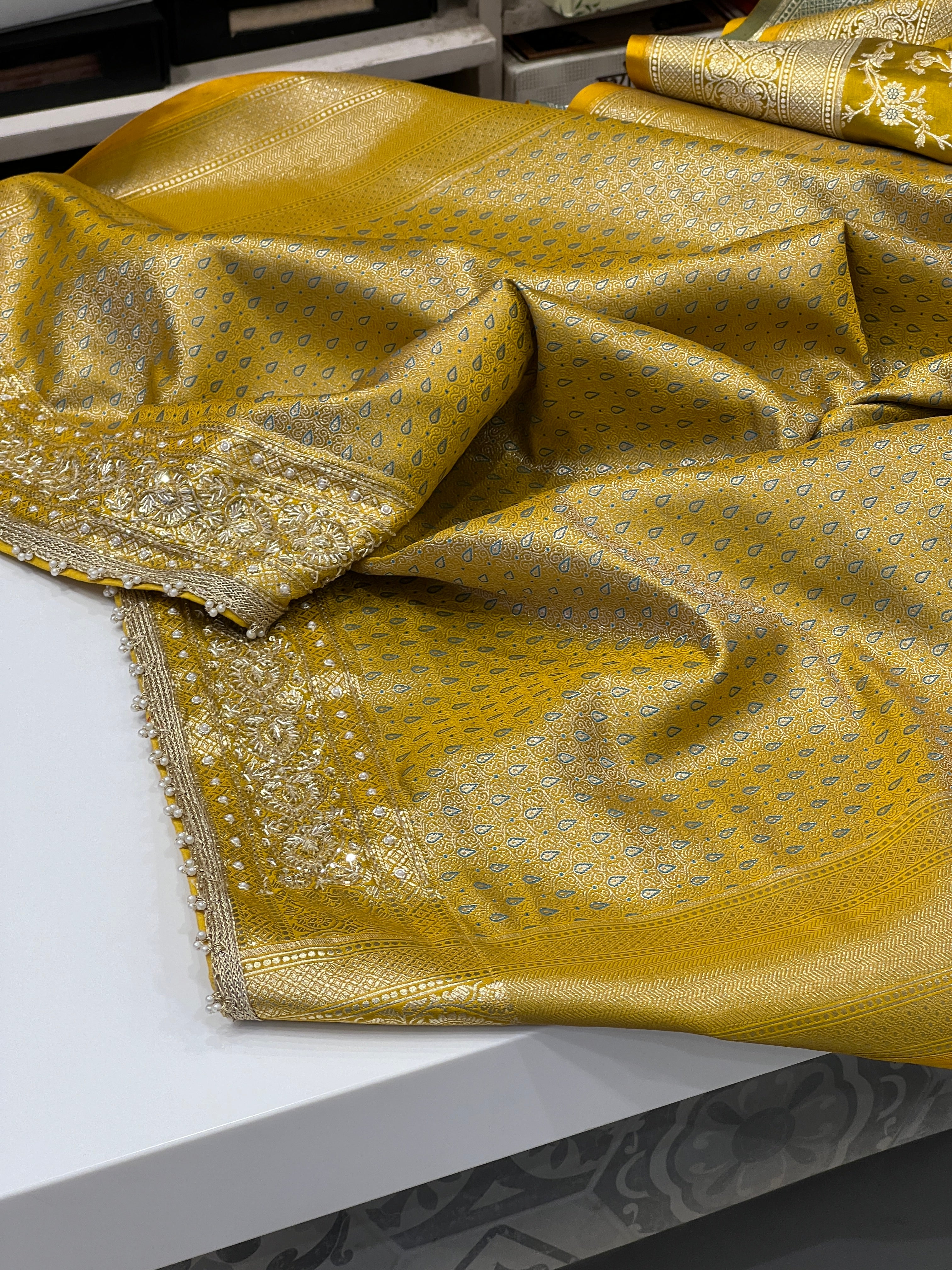 Yellowish Green Banarasi Zardozi Hand Embroidery Saree