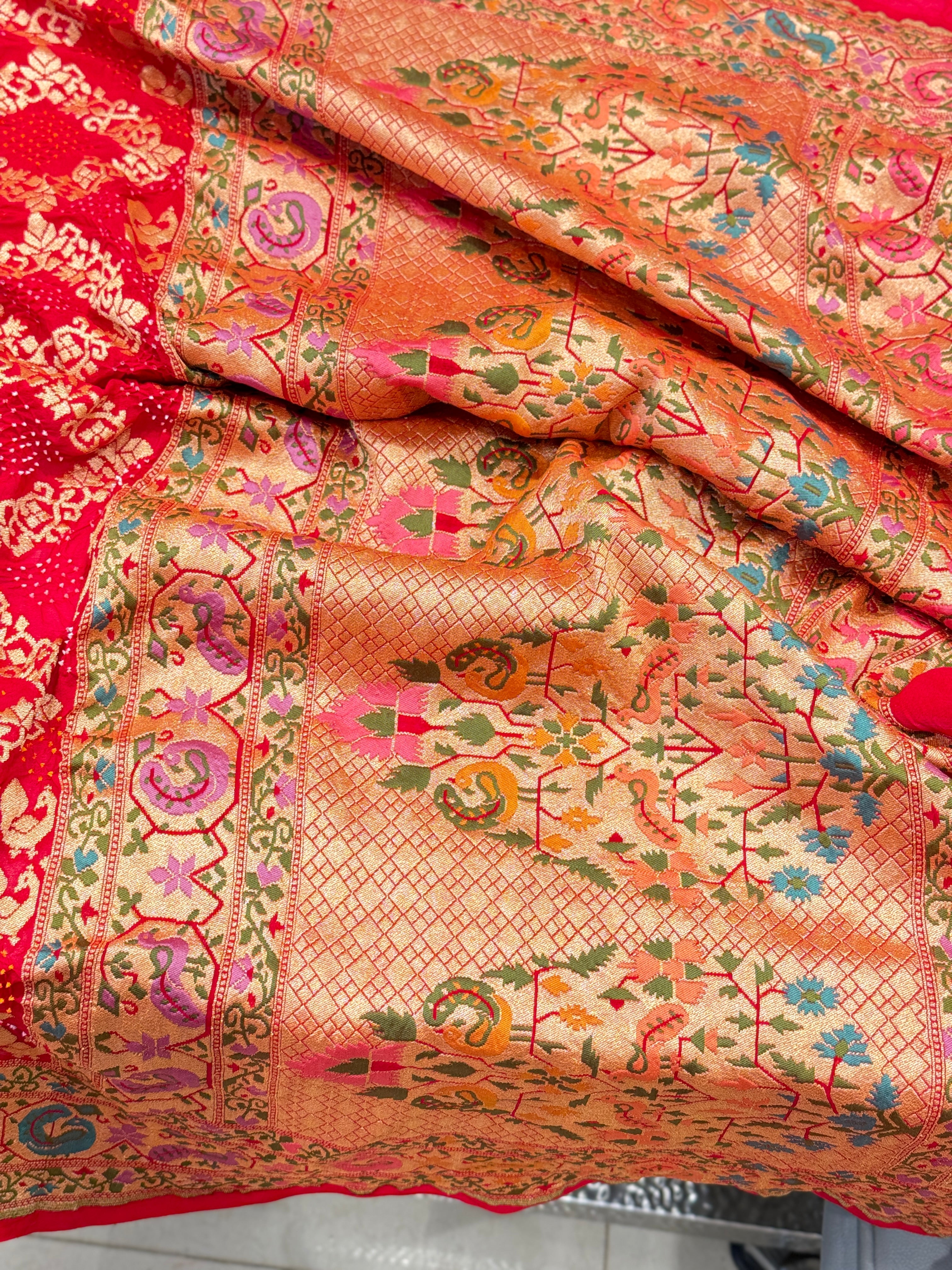 Red Luxury Bandhej Meenakari Saree