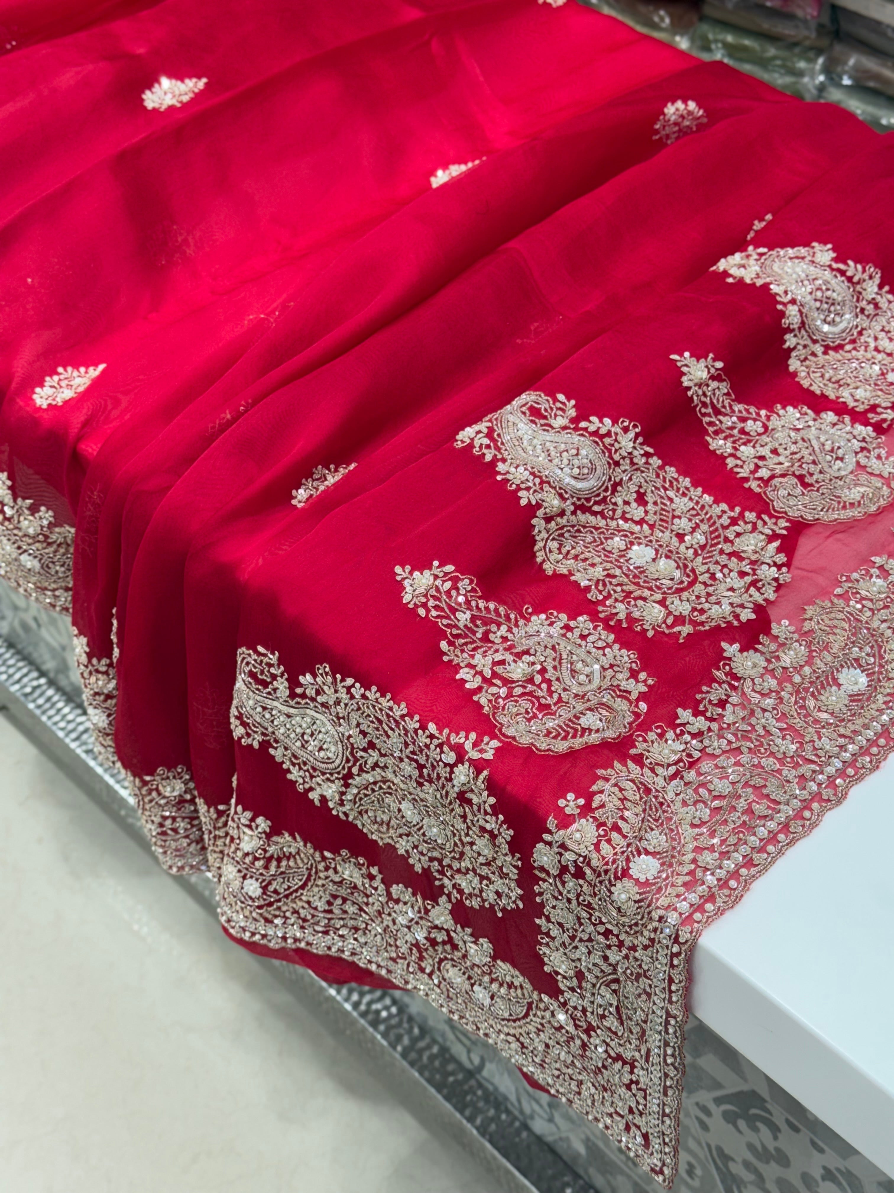 Red Organza Hand Embroidery Saree