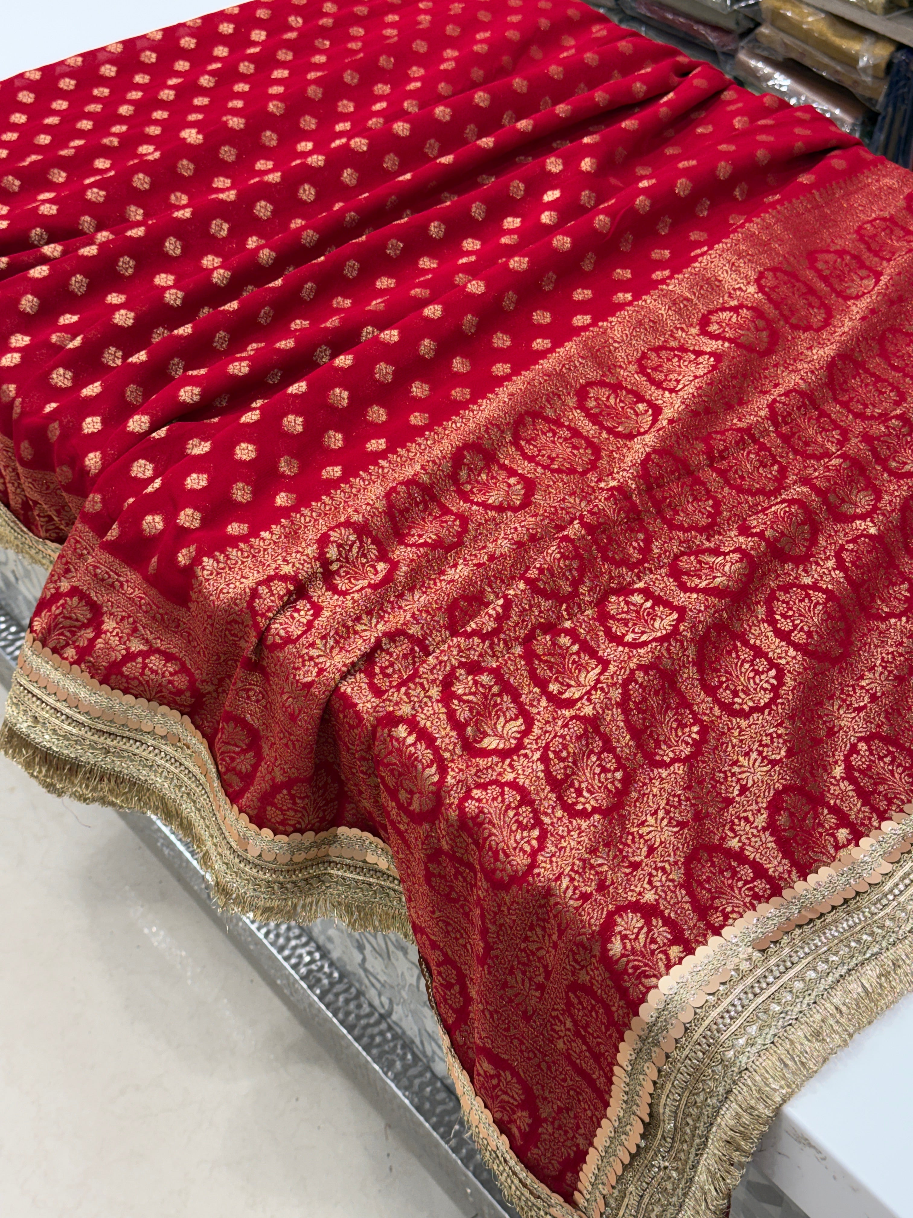 Red Banarasi Khaddi Georgette Buttis Maharani Lace Saree