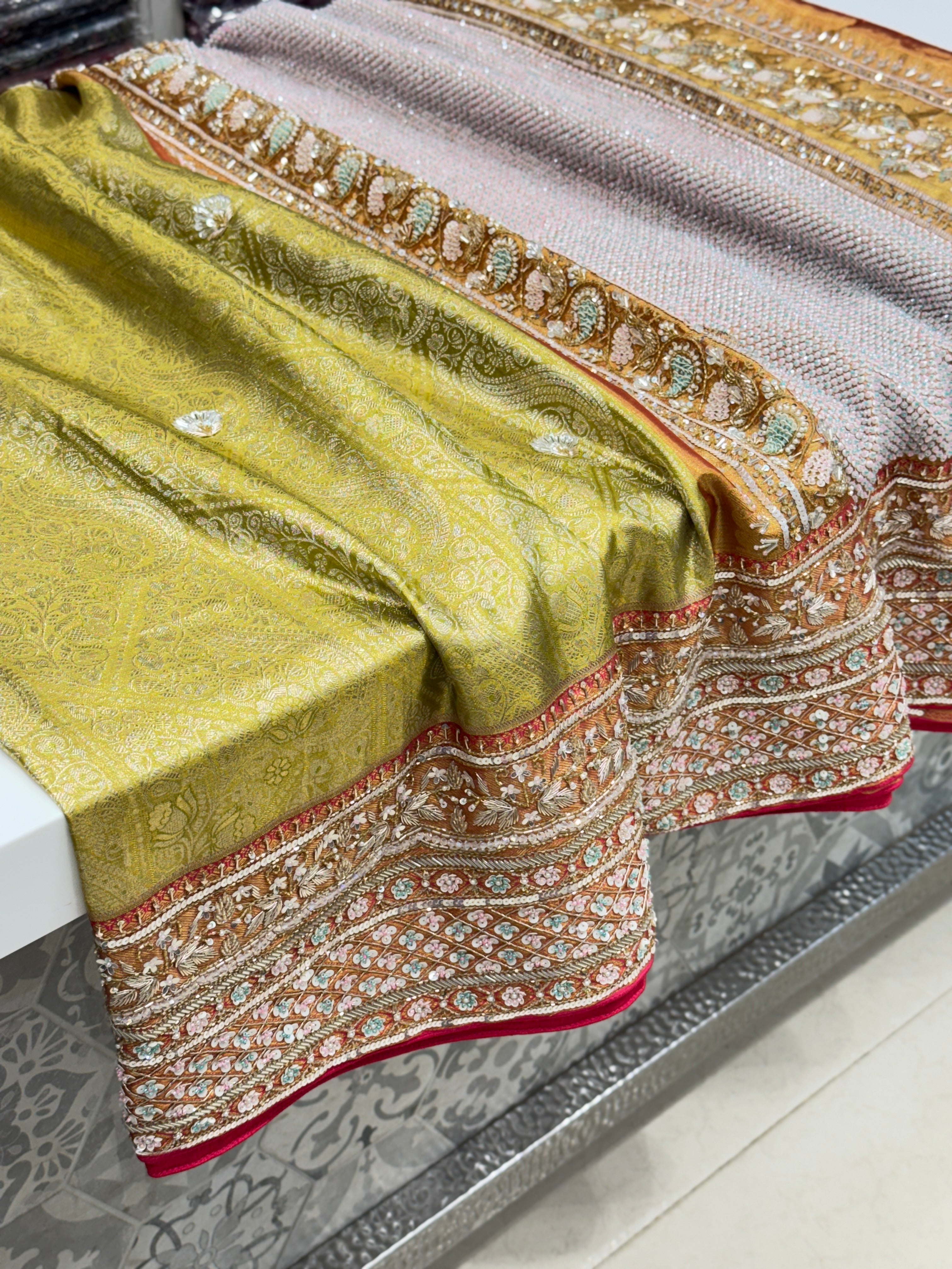 Pista Green Rani Tissue Kanjivaram Hand Embroidery Saree