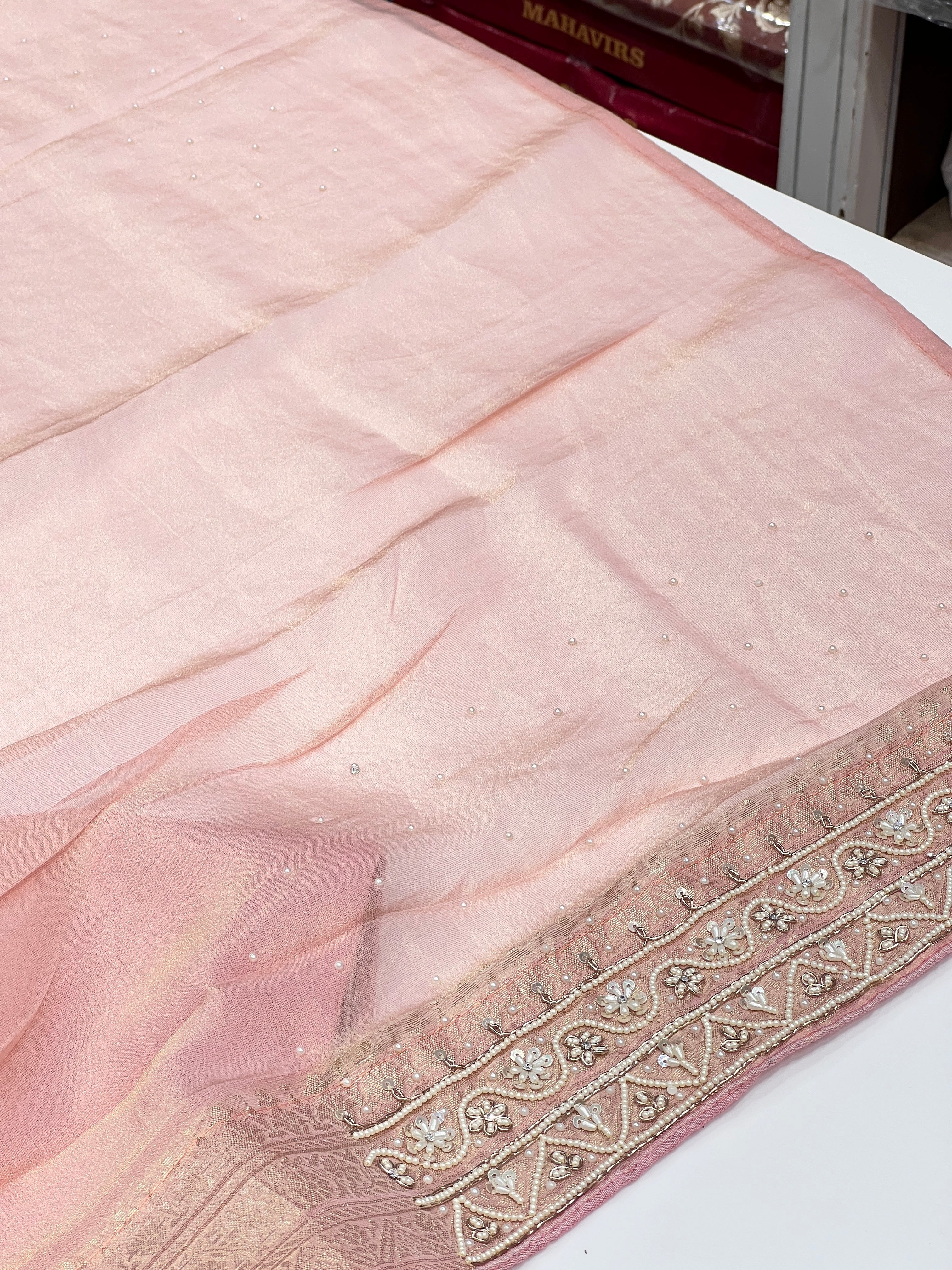 Pink Tissue Organza Hand Embroidery Saree