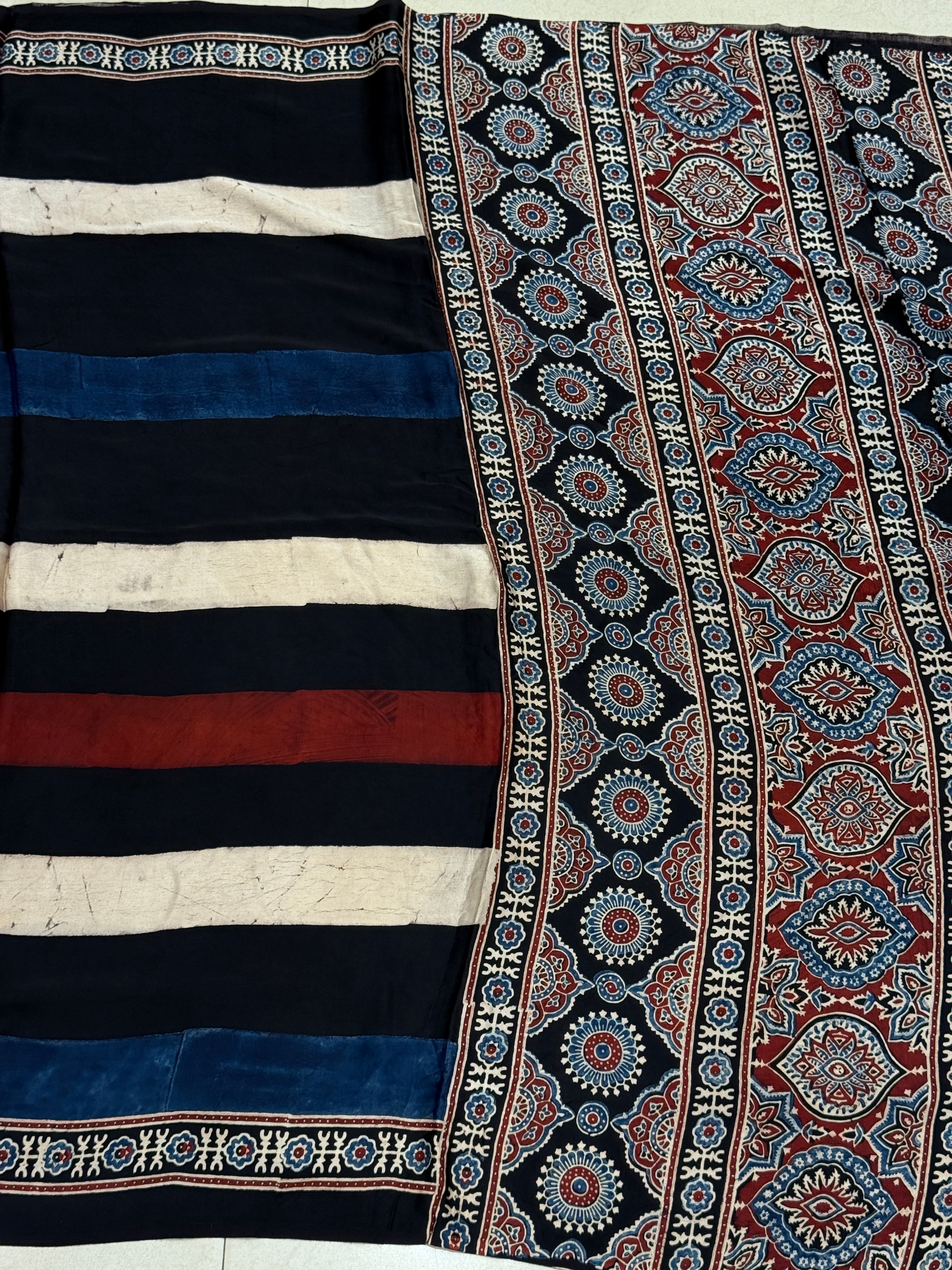 Black Contemporary Line Modal Silk Ajrakh Sareee